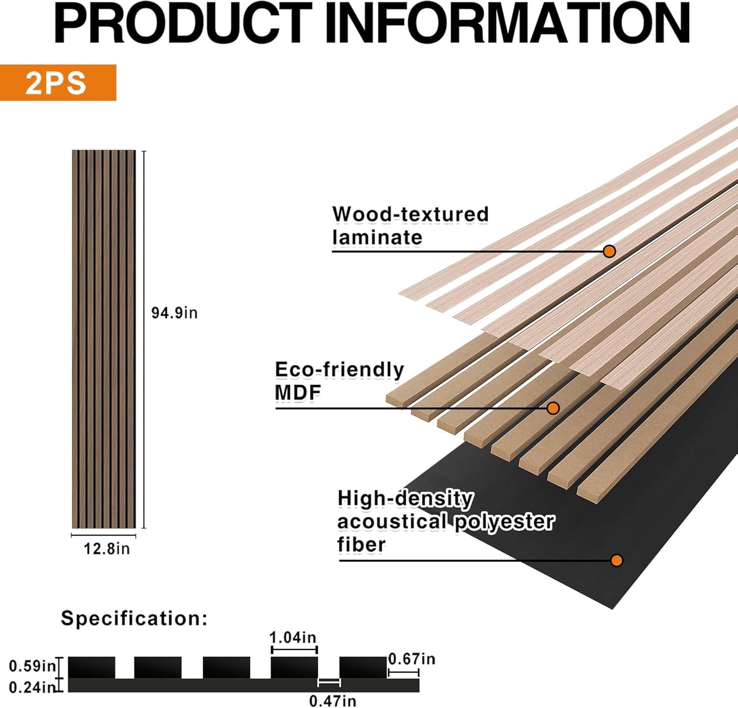 JML 2 Pack Soundproof Wall Panels, 94.5" x12.6" Acoustic Wood Panels for Walls and Ceiling, 3D Decorative Sound Proof Panels, Walnut