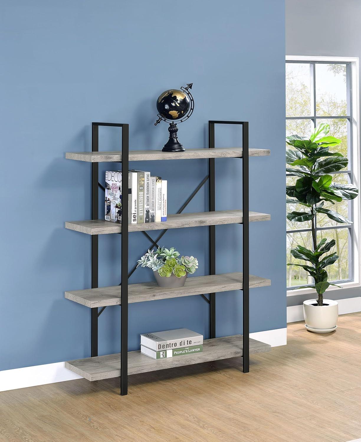 55" Cole 4 Shelf Bookcase with Frame Gray Driftwood/Gunmetal - Coaster