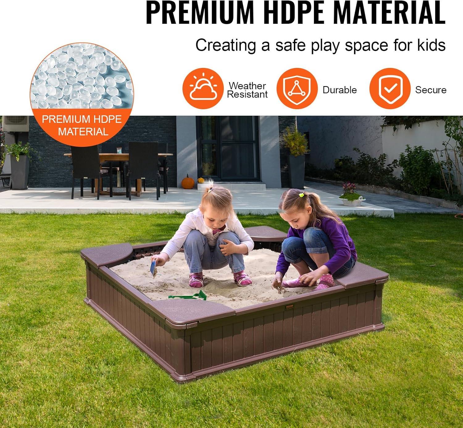 VEVOR Wooden Sandbox with Cover, 75.6 x 75.6 x 9.1 in Octagonal Sand Box, Sand Pit with 4 Seating and Bottom Liner