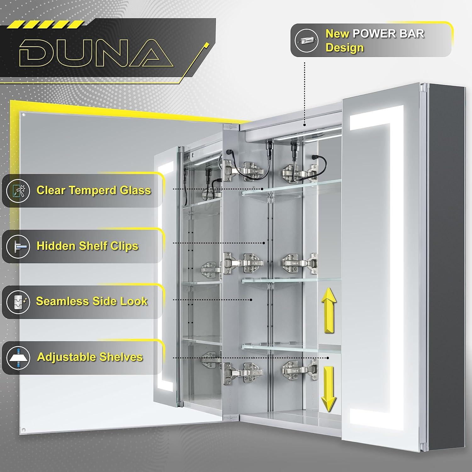 DECADOM LED Mirror Medicine Cabinet Recessed or Surface, Dimmer, Clock, Room Temp Display, Dual Outlets (Duna 36x32)
