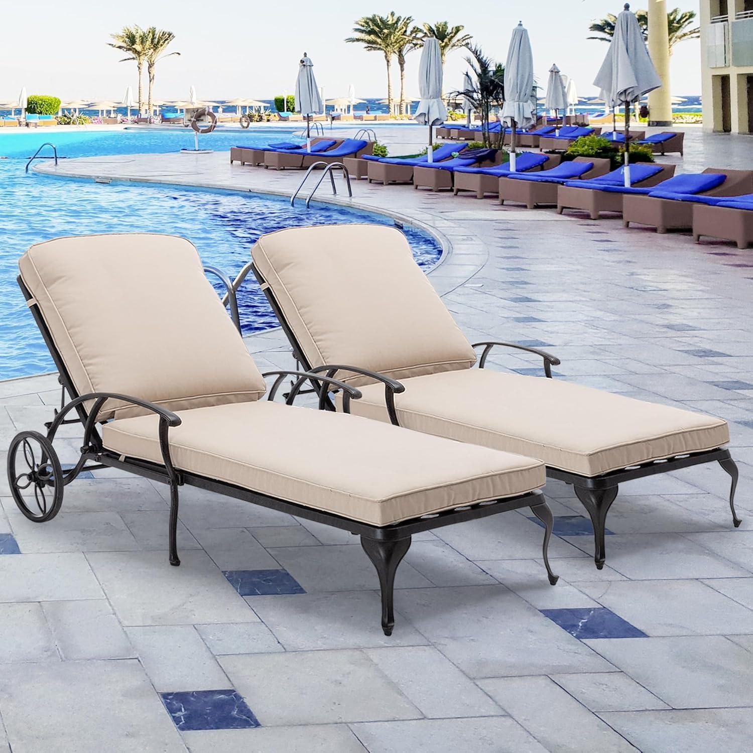 Outdoor Chaise Lounge Chairs, Pool Lounge Chairs with Cushion Cast Aluminum Patio Lounger with Wheels and Adjustable Reclining