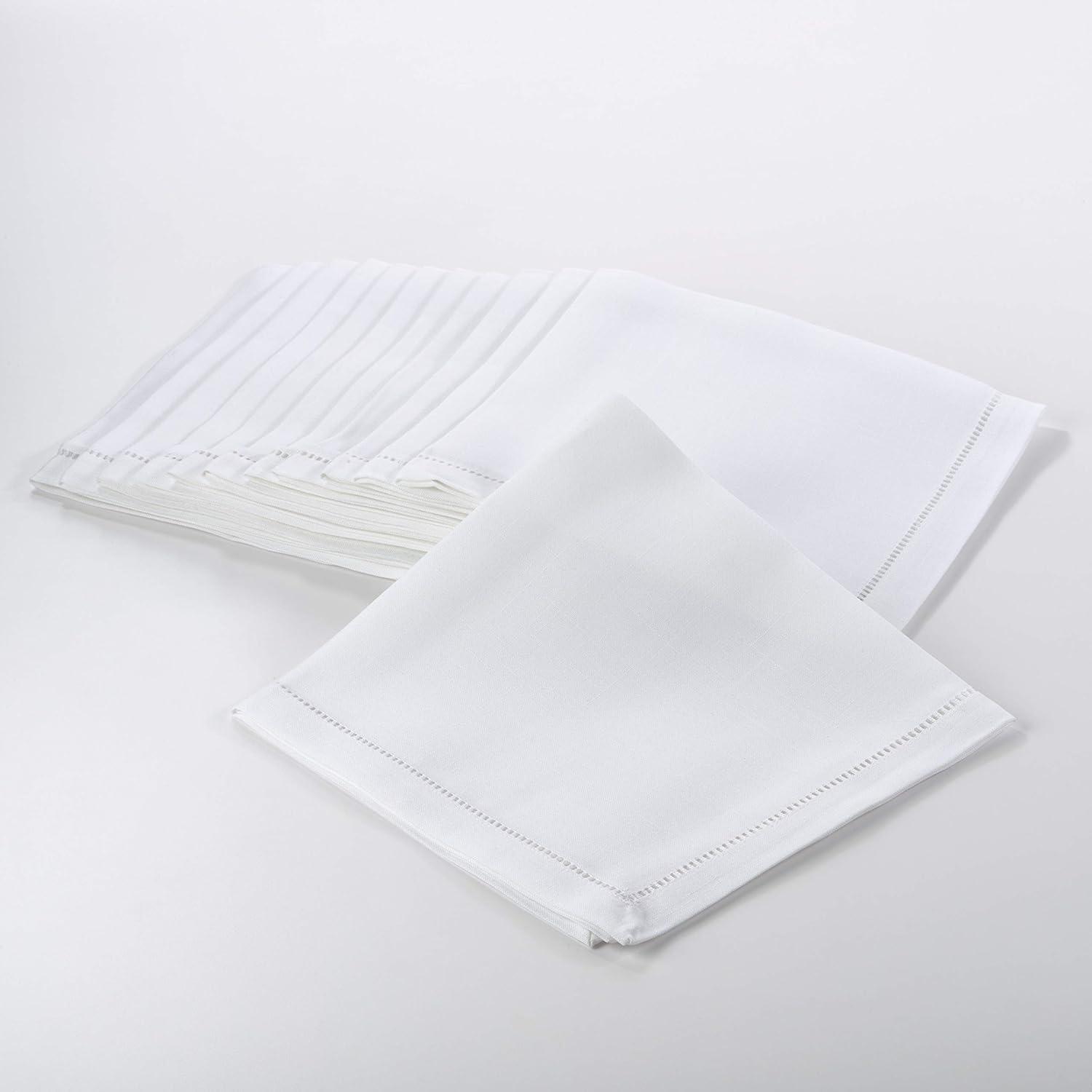 White Hemstitched Border Cotton Dinner Napkins, Set of 12