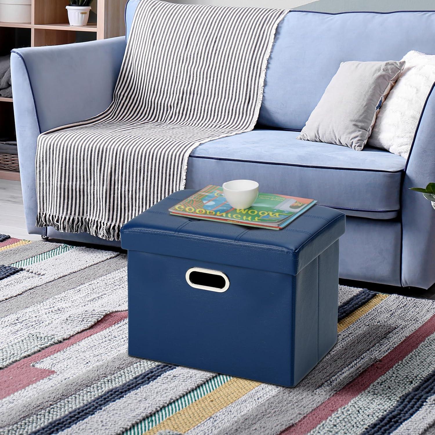 COSYLAND Storage Ottoman 17x13x13in Leather Ottoman Rectangle Footrest Footstool Folding Ottoman for Room Dorm Small Collapsible Bench Seat Organizer Entryway Furniture with Handles Lid Royal Blue