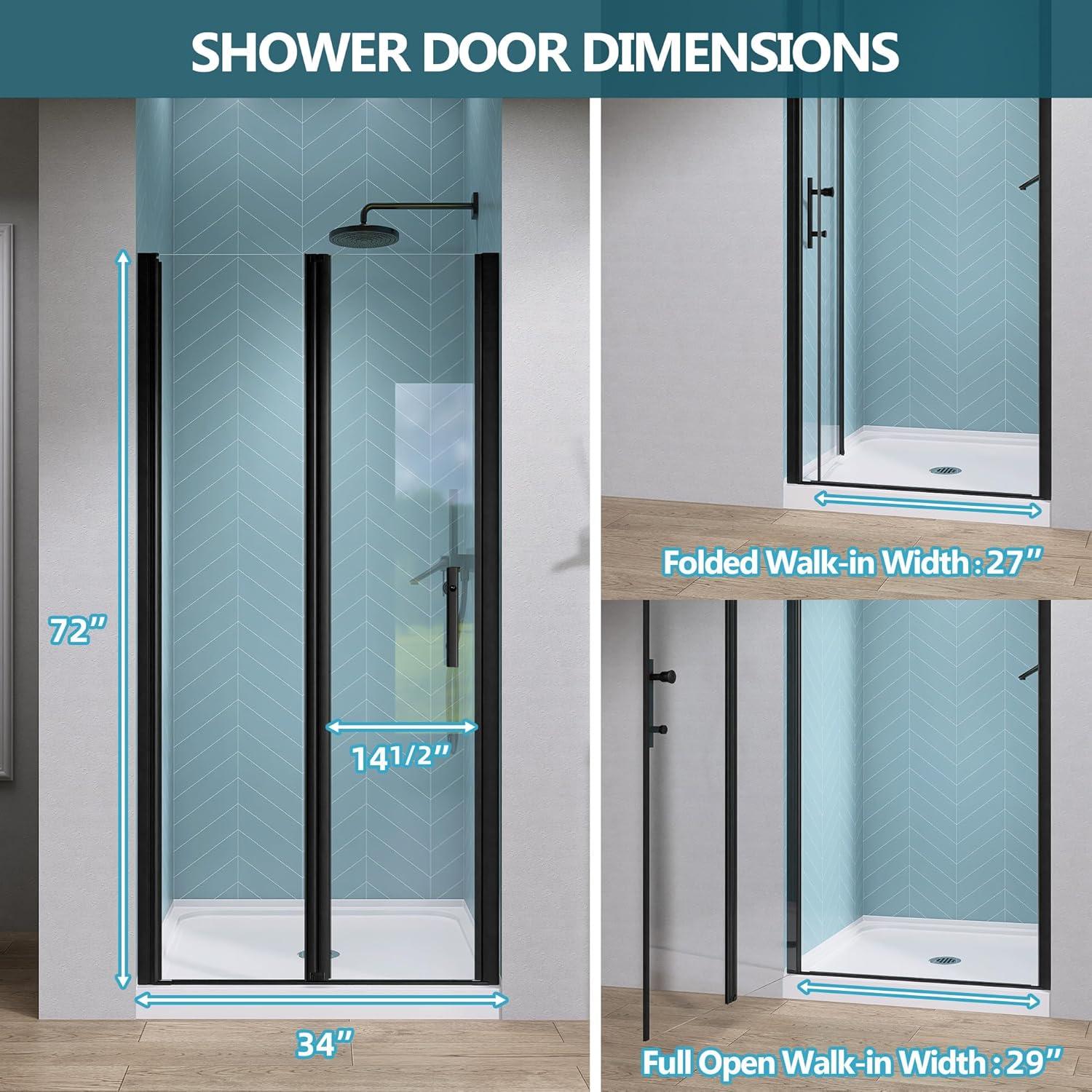 Shower Doors 34" -35 1/4" W x 72" H Bifold Frameless Glass Shower Door, Folding Shower Doors