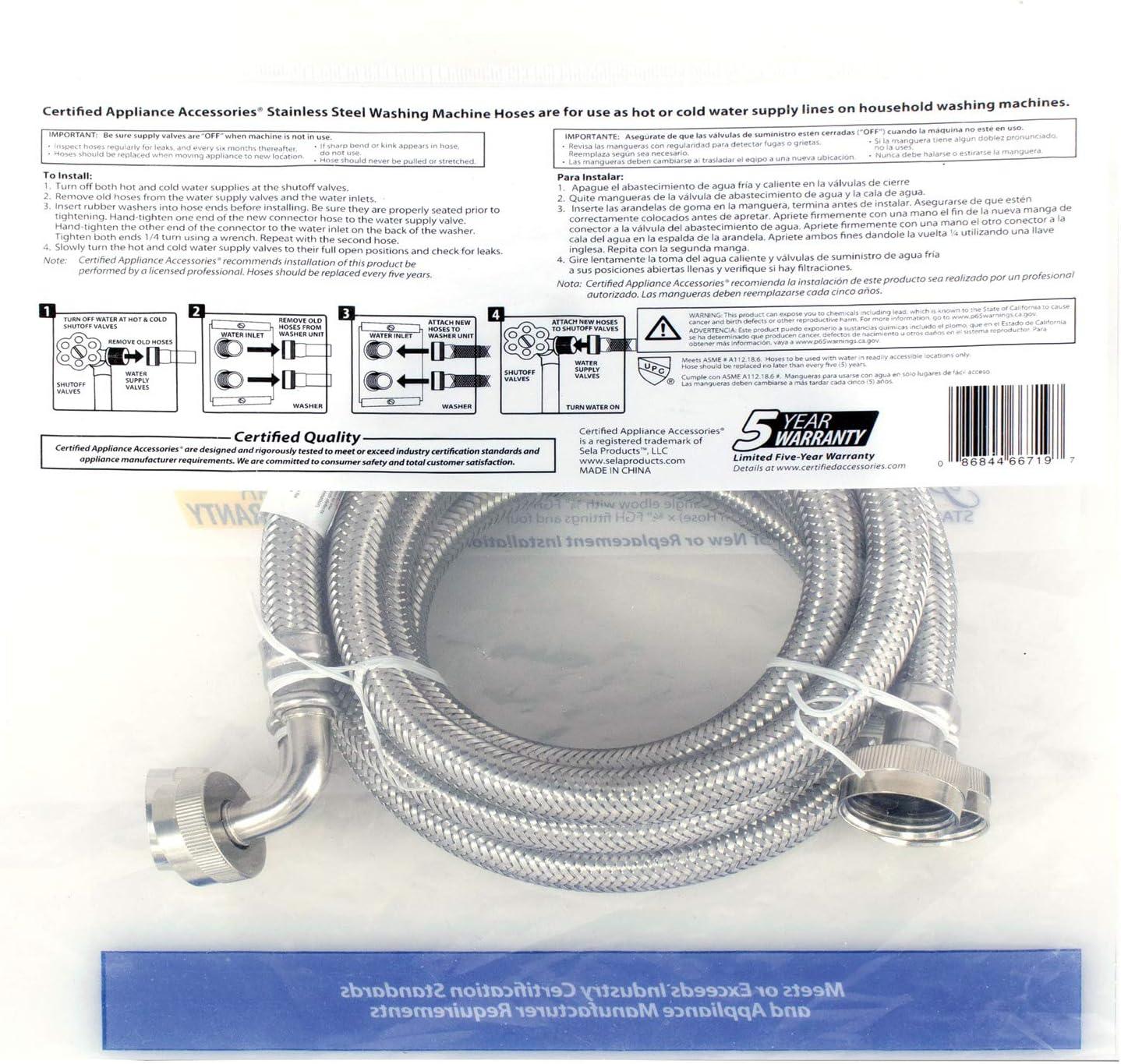 CERTIFIED APPLIANCE WM60SSL2PK Braided Stainless Steel Washing Machine Hoses with Elbow, 2 pk (5ft)