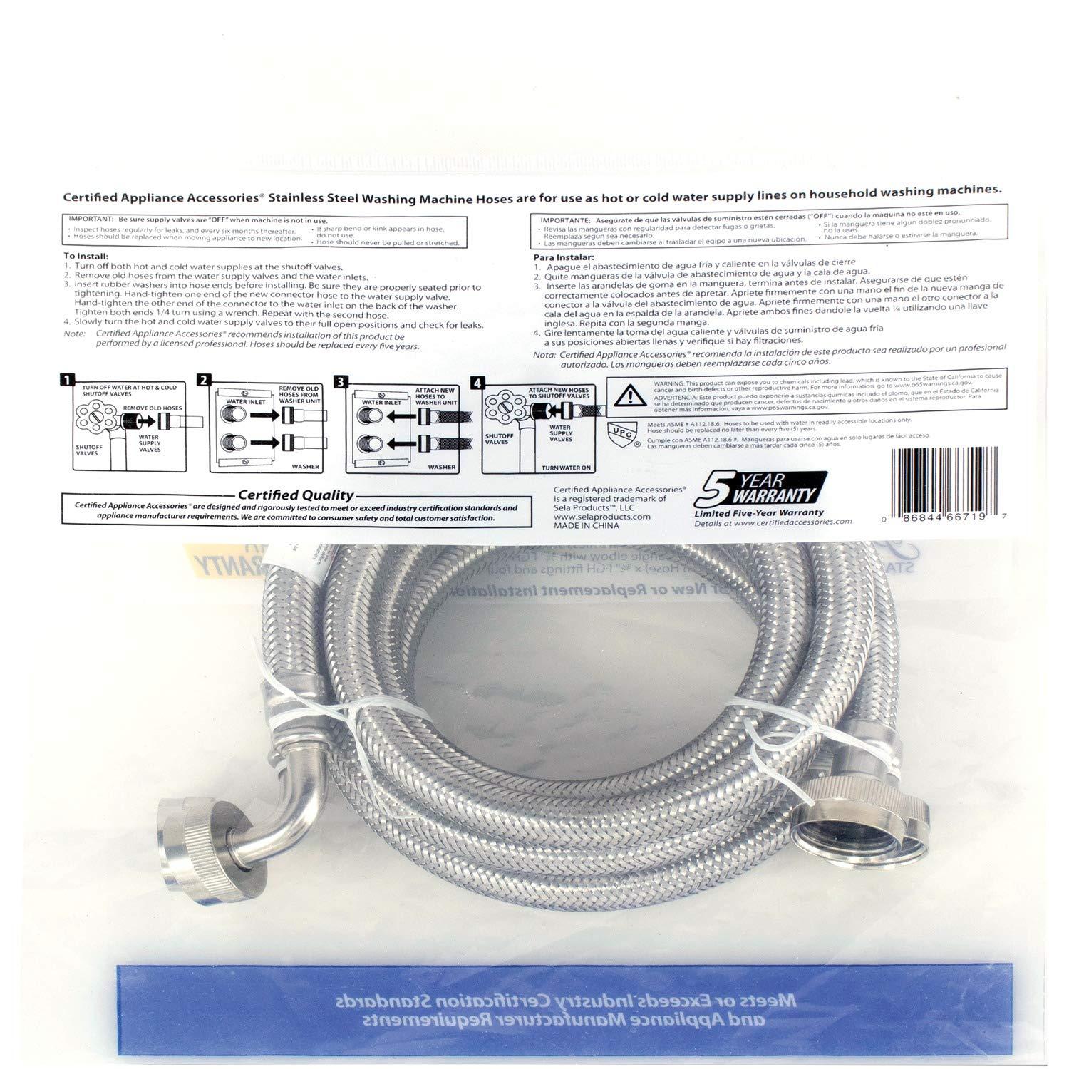 CERTIFIED APPLIANCE WM60SSL2PK Braided Stainless Steel Washing Machine Hoses with Elbow, 2 pk (5ft)