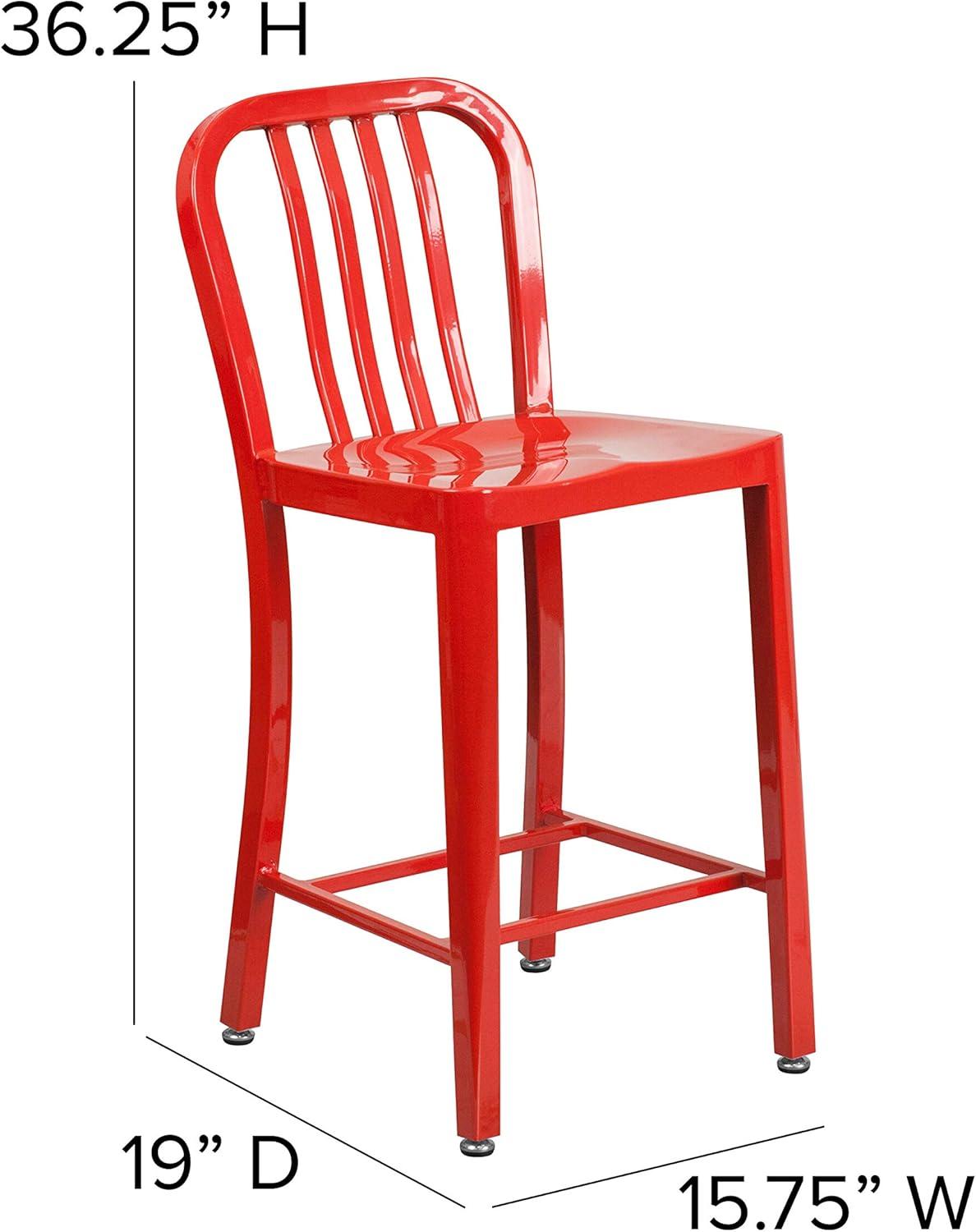 Flash Furniture Commercial Grade 2 Pack 24" High Red Metal Indoor-Outdoor Counter Height Stool with Vertical Slat Back