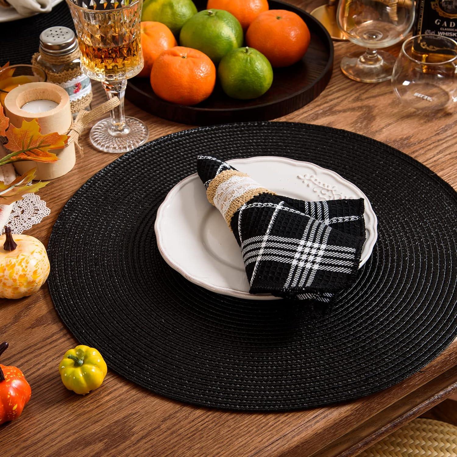 Rome Woven Braided Stitch Edge Table Placemats 15 Inches Round Set of 6 Non-Slip Dining & Kitchen Table Mats Black