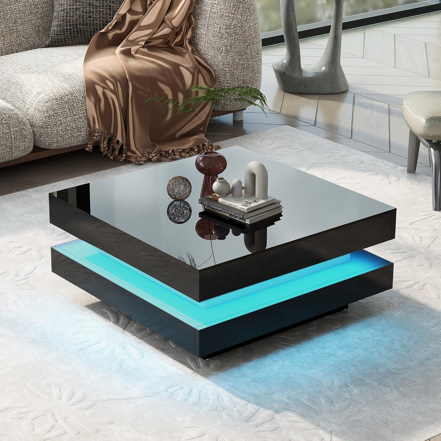 Modern Coffee Table, 2-Tier Square Coffee Table with Plug-in 16-Color LED Lights, High Gloss Coffee Table, Center Table for Living Room, 31.5”x31.5”x14.2”, Black