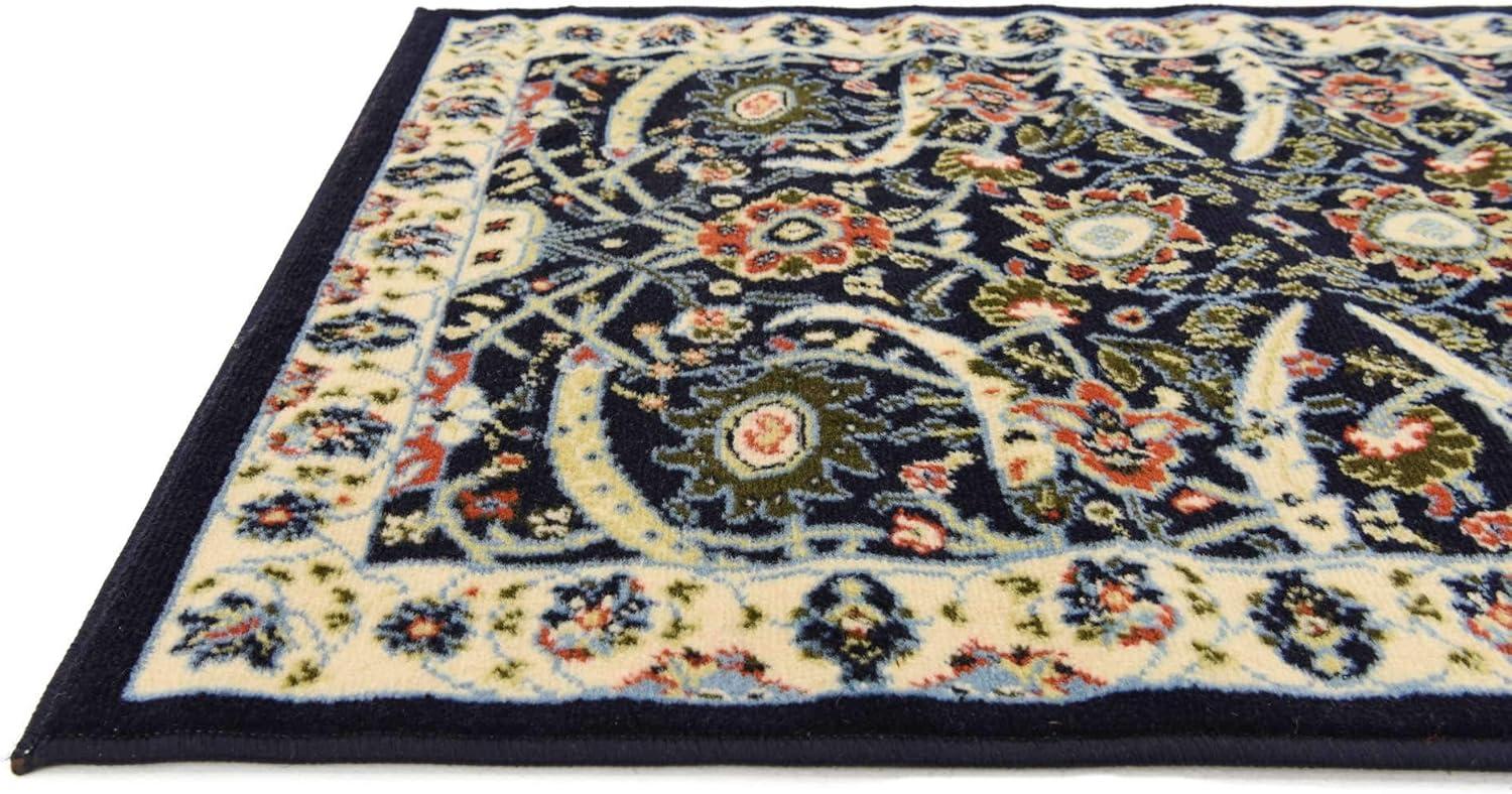 2.5' x 10' Navy Blue and Beige Floral Rectangular Area Throw Rug Runner