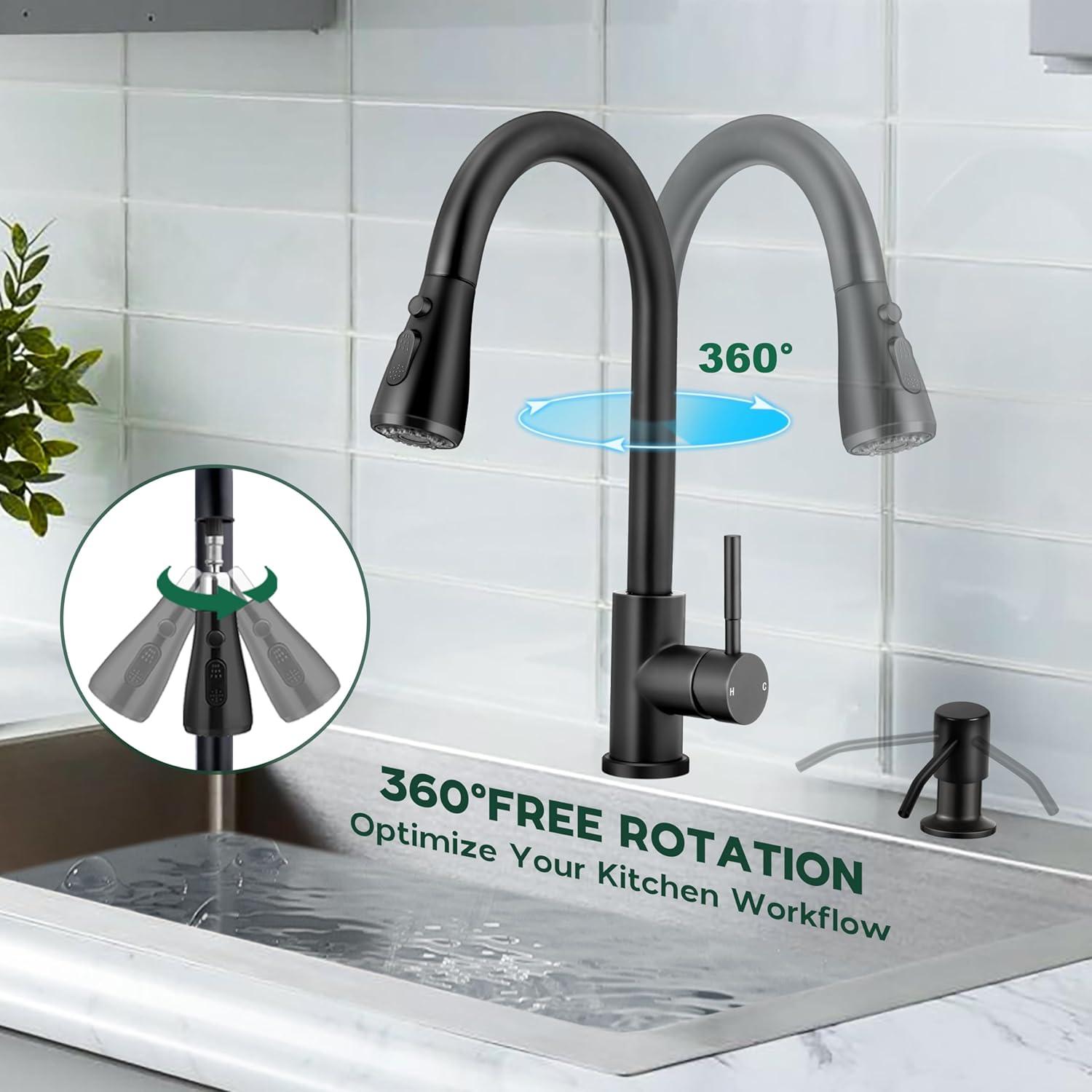 Black Kitchen Faucet with Soap Dispenser Stainless Steel Single Handle Kitchen Sink Faucet with Pull Down Sprayer for Single Hole or 3 Holes