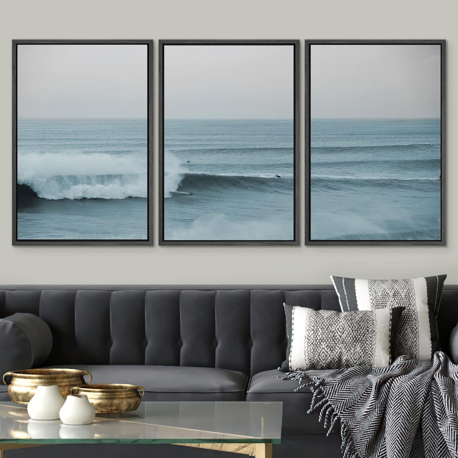 Framed Coastal Ocean Waves Triptych Canvas Print Set