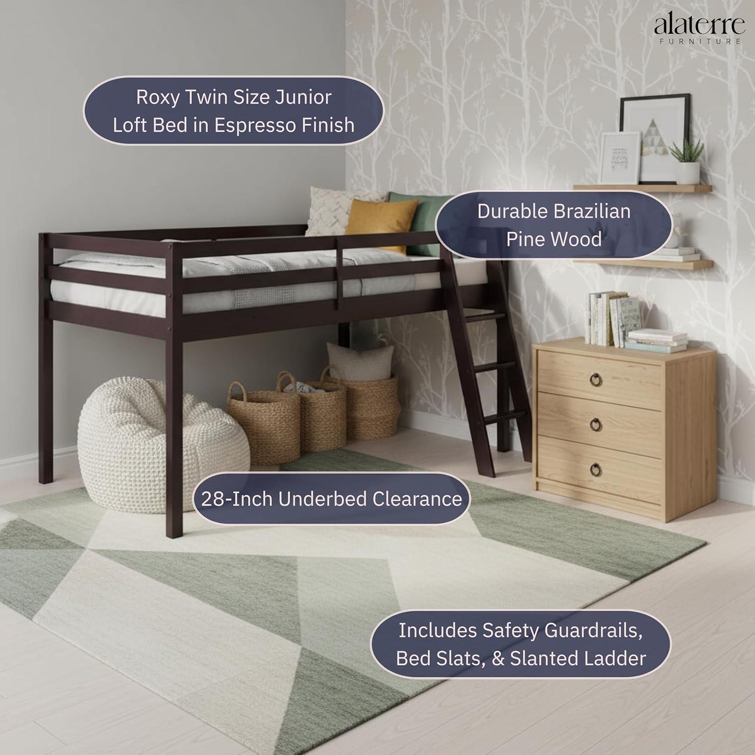 Espresso Twin Loft Bed with Ladder and Guardrails