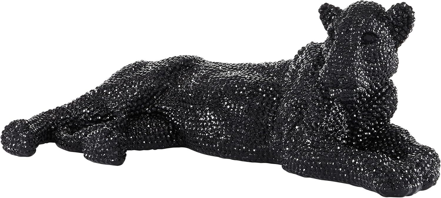 Black Polystone Leopard Sculpture with Rhinestone Accents