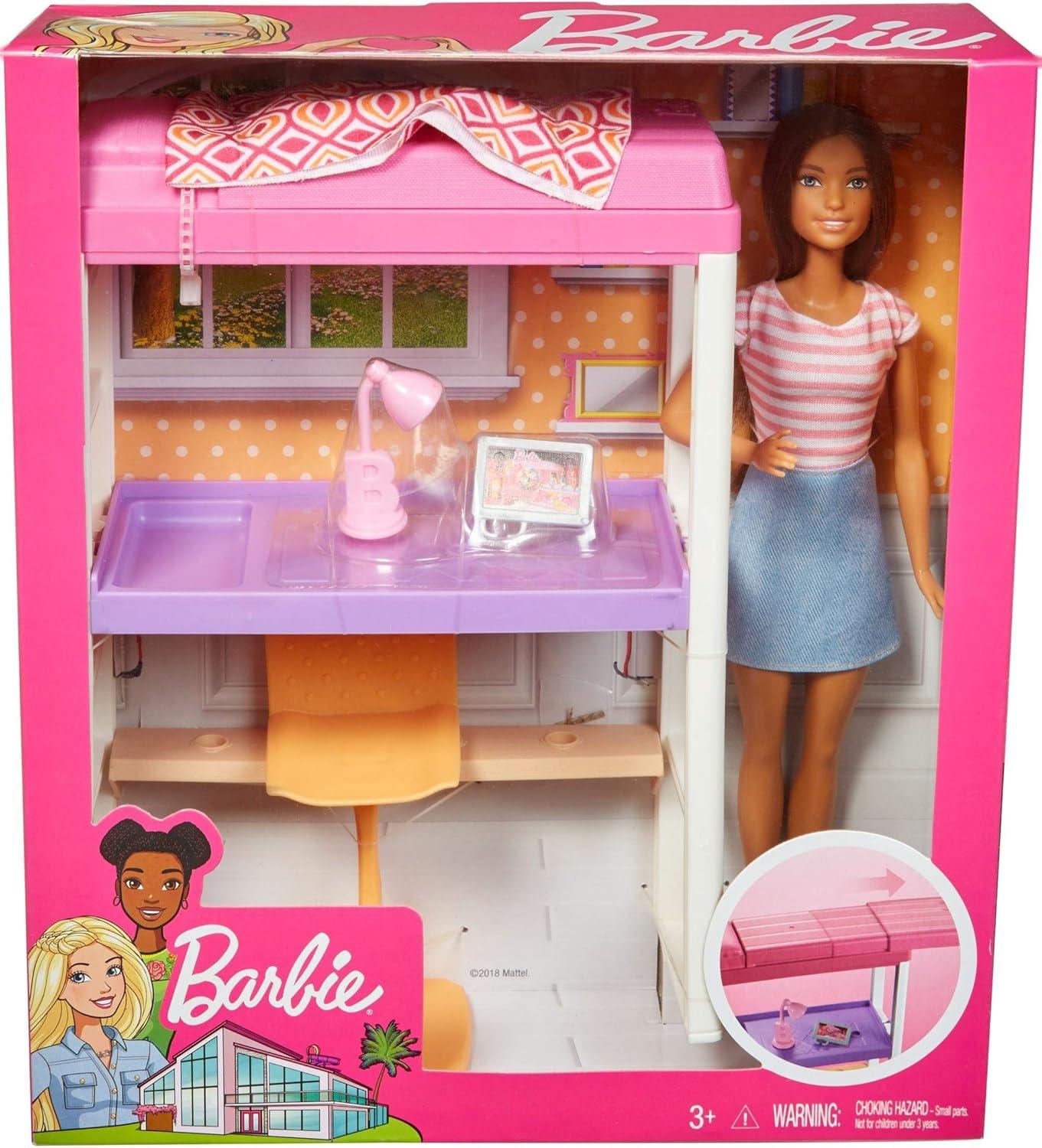 Barbie Doll & Furniture Loft Bed with Transforming Bunk Beds Doll Playsets