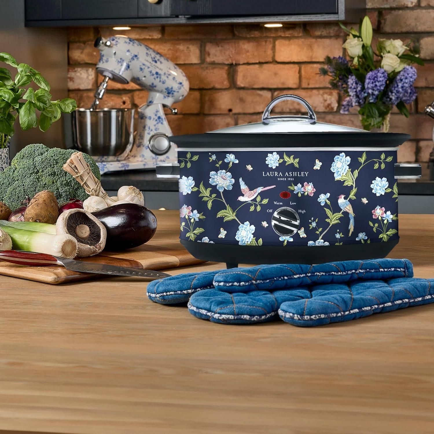 Laura Ashley 3.5L Slow Cooker Navy: Ceramic & Stainless Steel, 3 Settings, 320W, Keep Warm, 4 Quart Pot, 1-Year Warranty