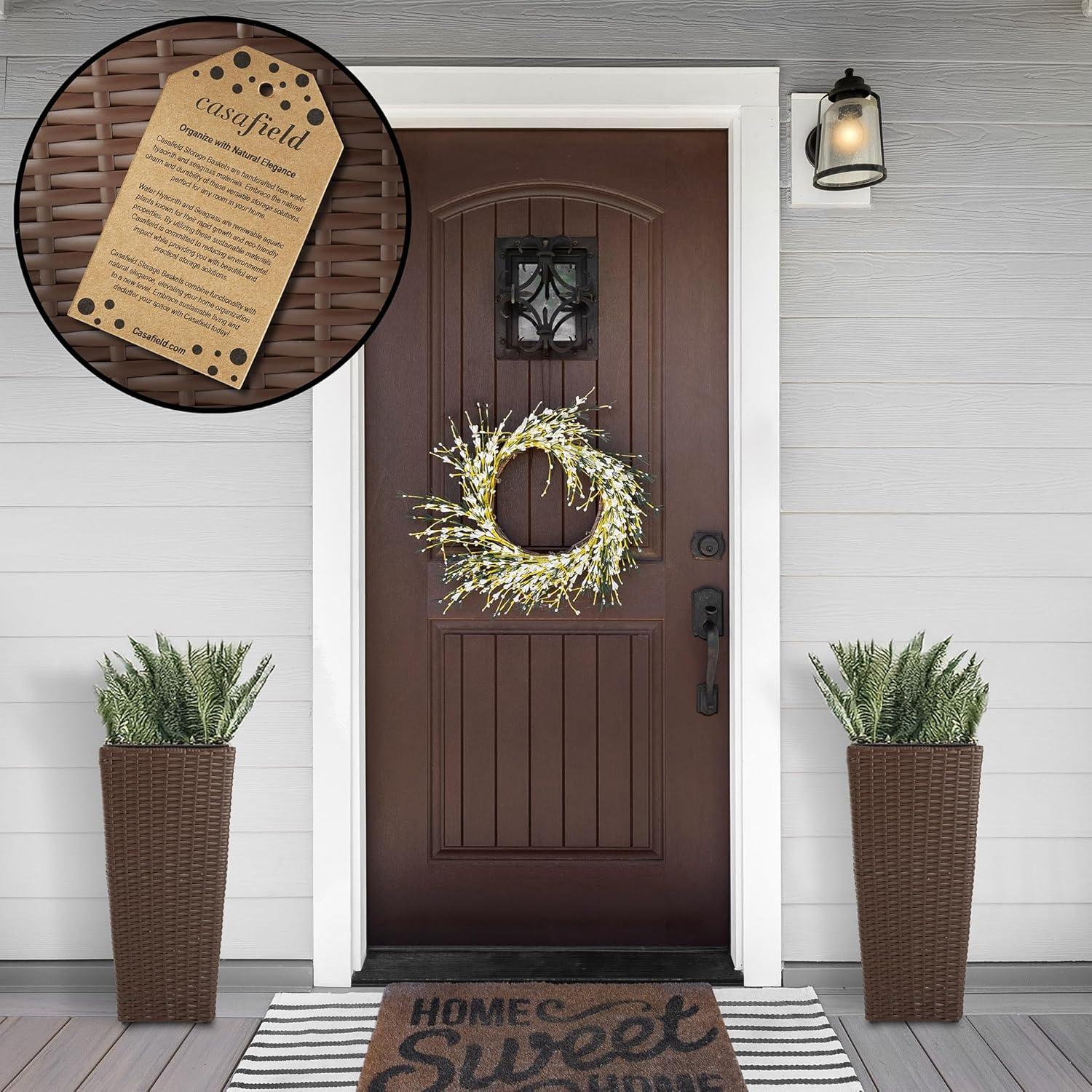 Casafield All-Weather Outdoor Planters with Liners - Set of 2, Tall Tapered Plant Boxes with Flower Pots for Front Porch, Patio, Garden - Espresso