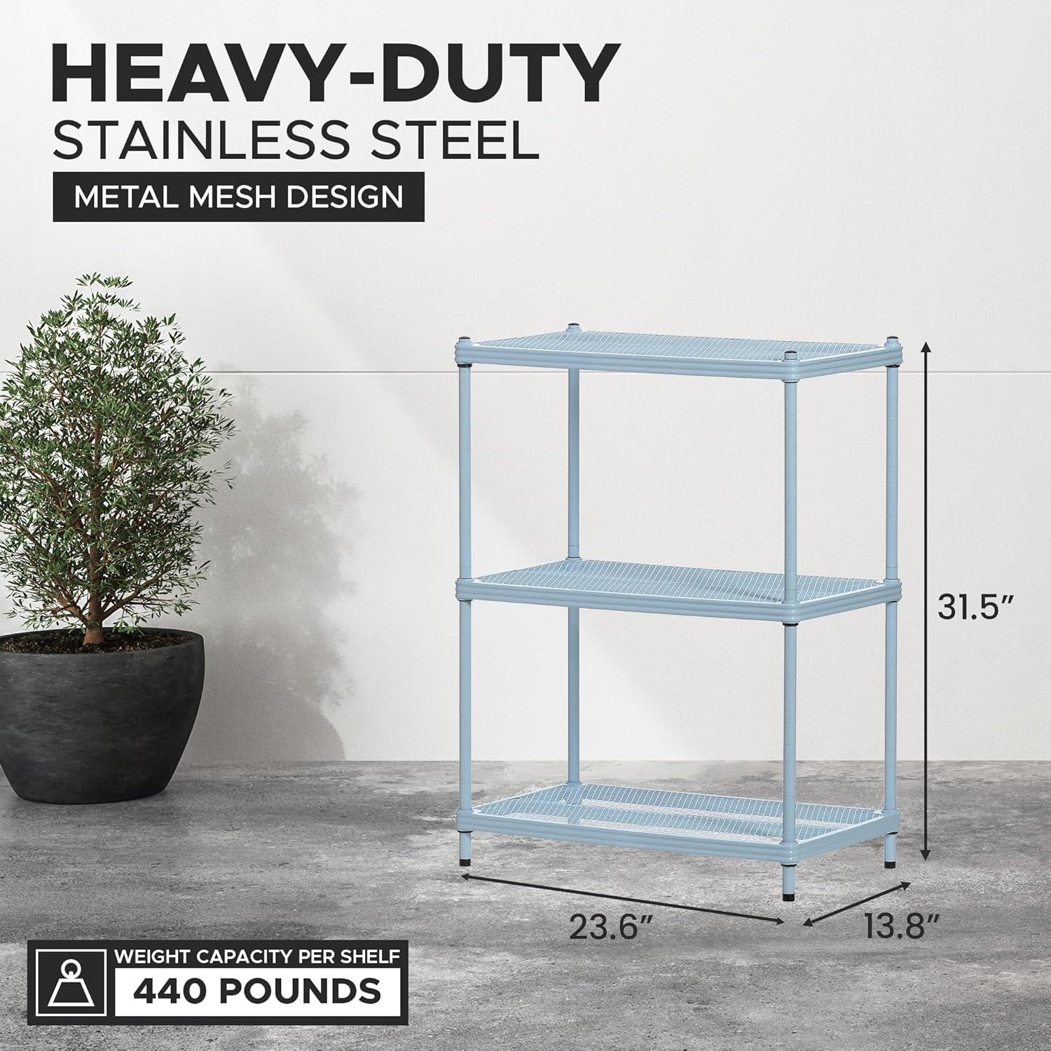 Design Ideas MeshWorks 3 Tier Full-Size Metal Storage Shelving Unit Rack for Kitchen, Office, and Garage Organization, 23.6” x 13.8” x 31.5,” Blue