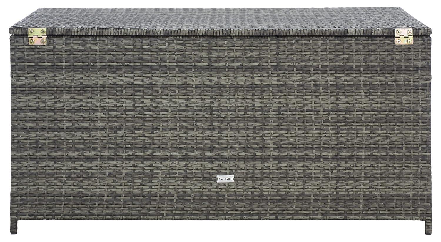 Oliveira Outdoor Cushion Deck Box - Grey Brown/White Cushion - Safavieh
