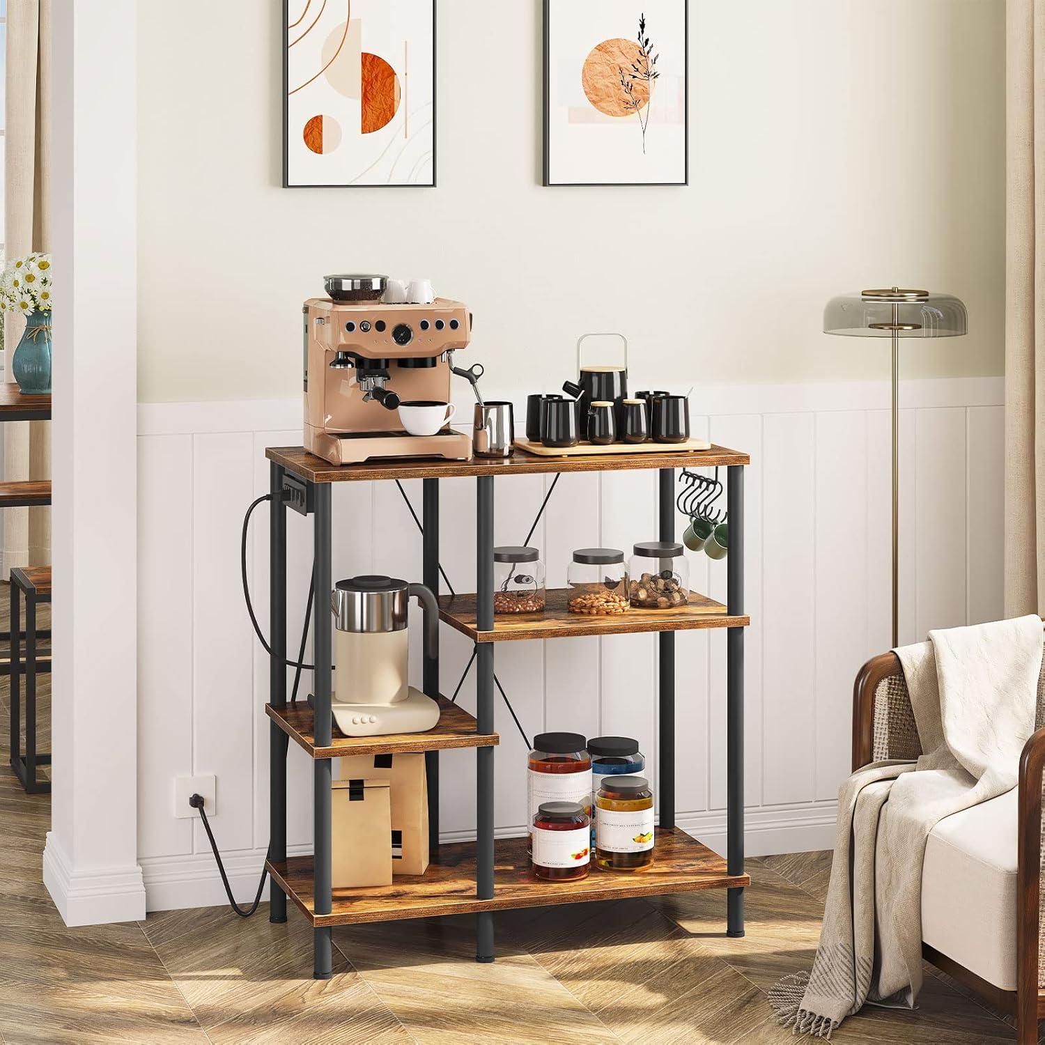 Rustic Brown and Black 4-Tier Kitchen Storage Rack with Power Outlet