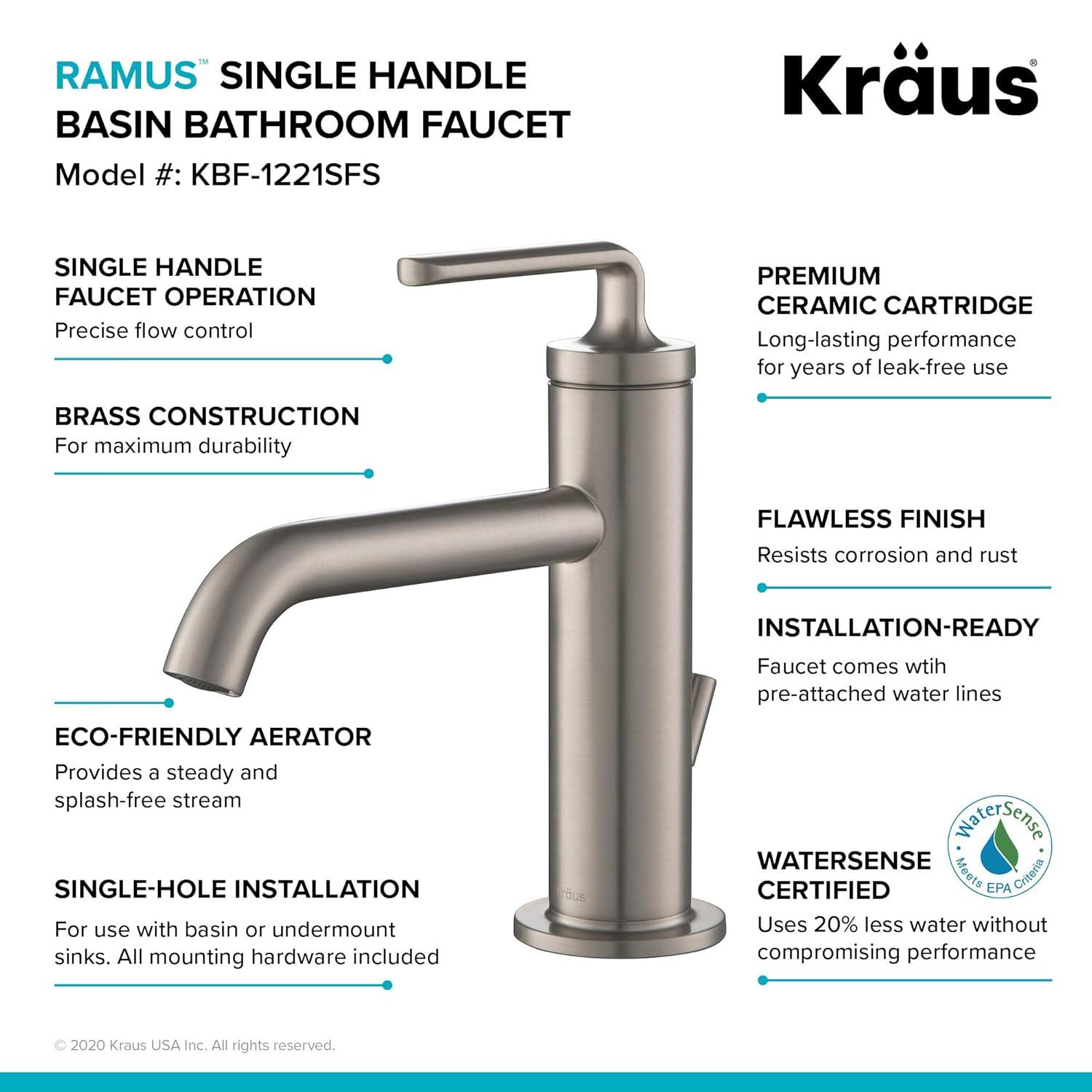 KRAUS Ramus Single Handle Bathroom Sink Faucet with Lift Rod Drain