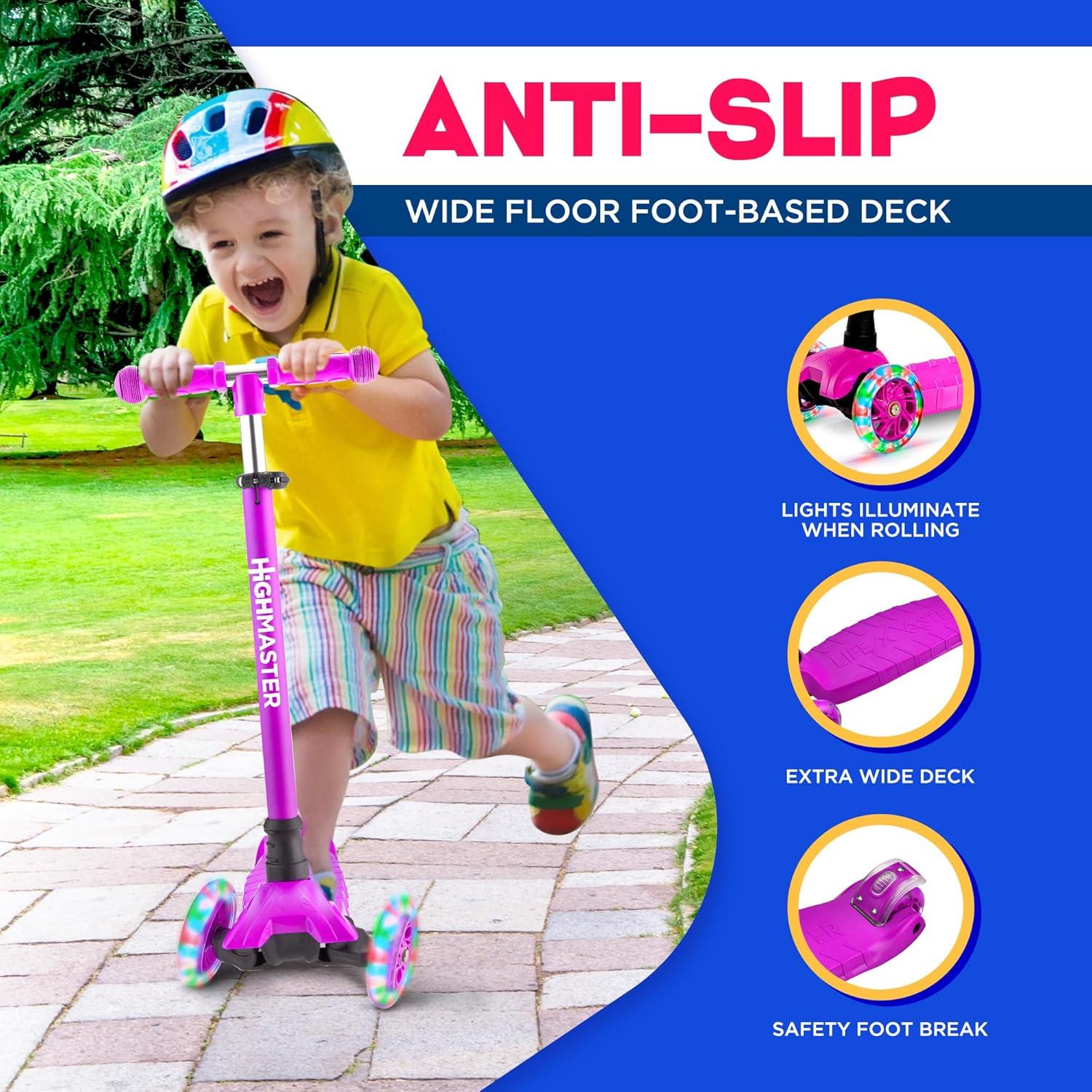 Highmaster 3-Wheel Toddler Scooter for 2 to 8 Year Old boy - 3 Wheeled Kids Scooter with Light Up Wheels, Safe and Fun Ride for Kids - Purple