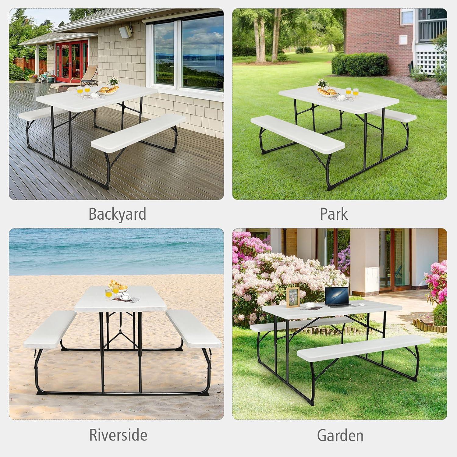 White Plastic Folding Picnic Table Bench Set with Wood-Like Texture