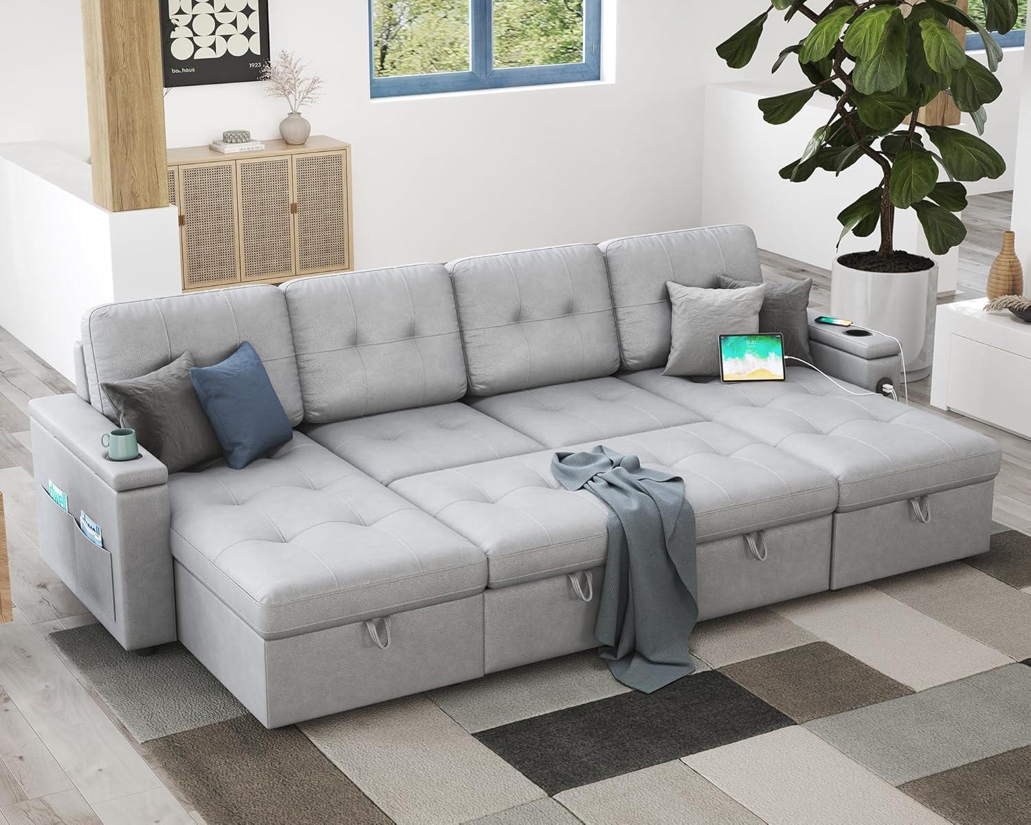 Latitude Run® Pull Out Sofa Bed With 2 USB Ports & Cup Holders, U Shaped Sleeper Sofa Bed With Dual Storage Chaise- Drak Gray