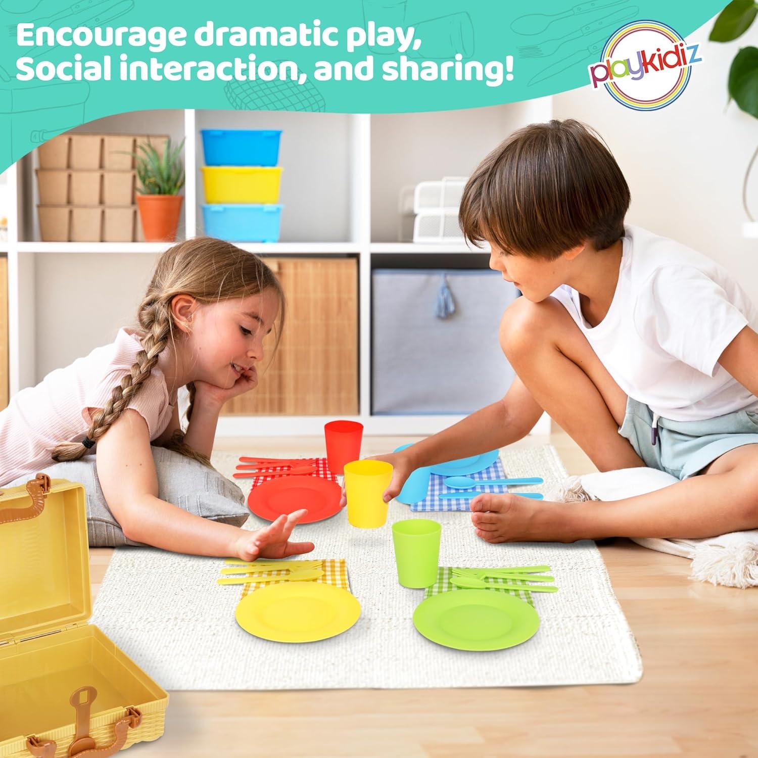 Playkidiz 25 Piece Kids Picnic Basket Toy Dishes
