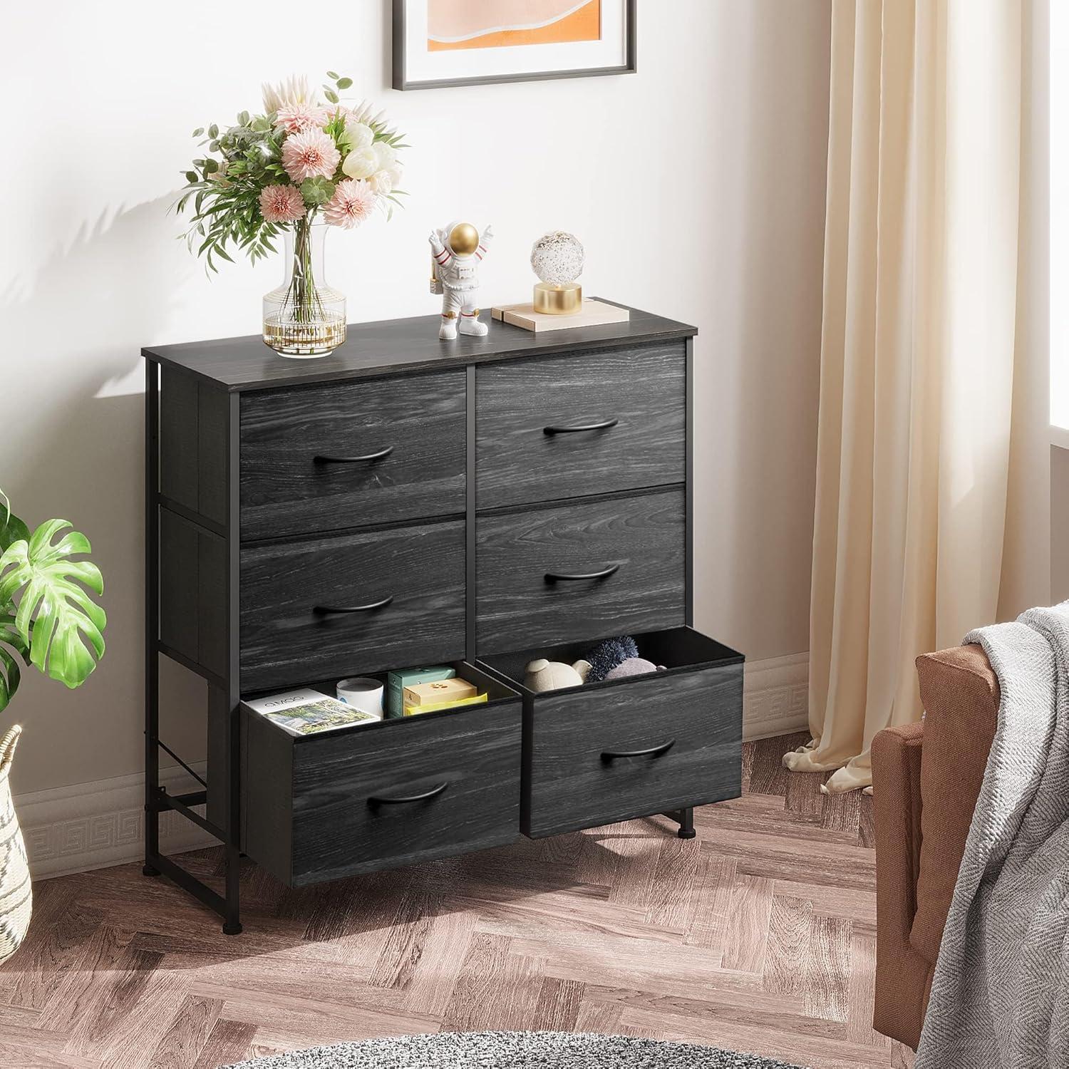 Black Double Industrial Dresser with Dark Wood and Fabric Drawers