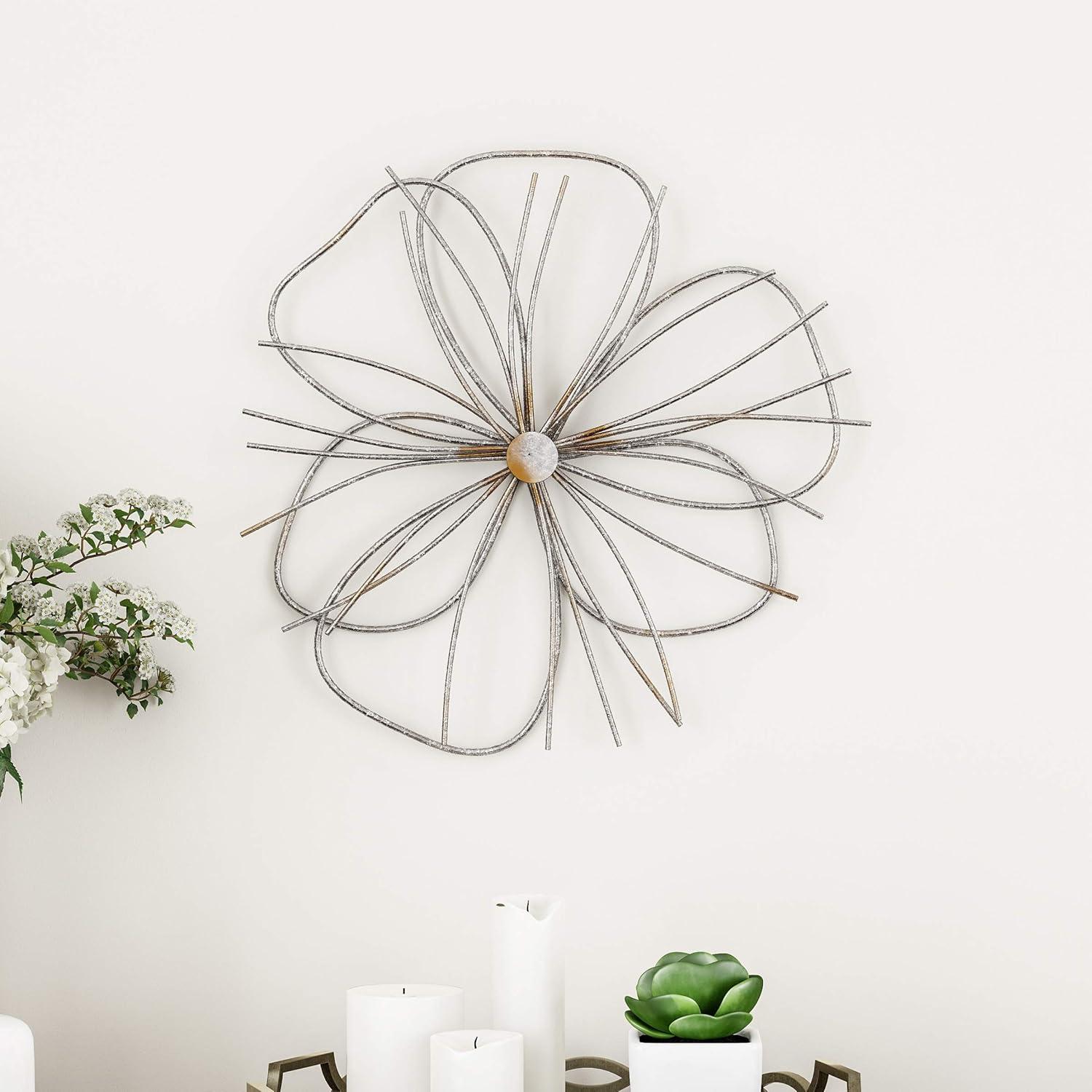 Wall Decor - Metallic Layered Wire Flower Sculpture - Contemporary Hanging Accent for Living Room, Bedroom, or Kitchen by Lavish Home (Silver/Gold)