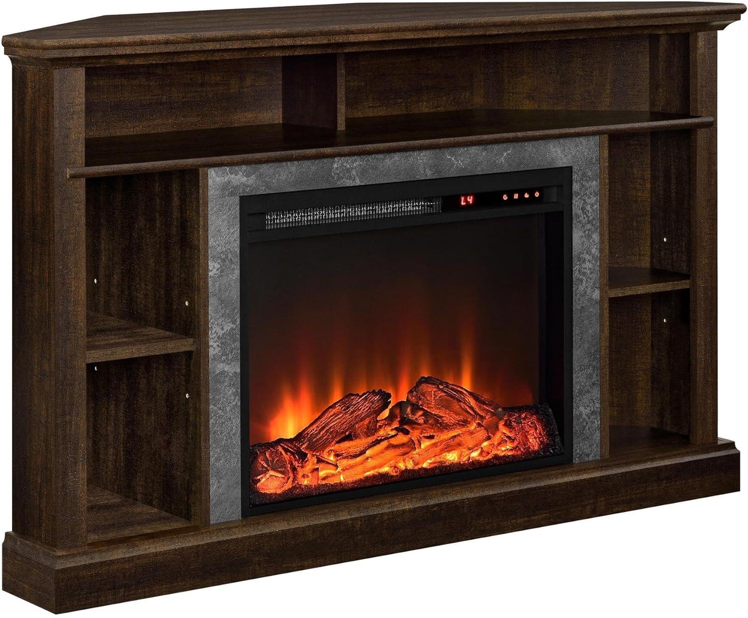 Espresso Corner Fireplace TV Stand with Faux Stone