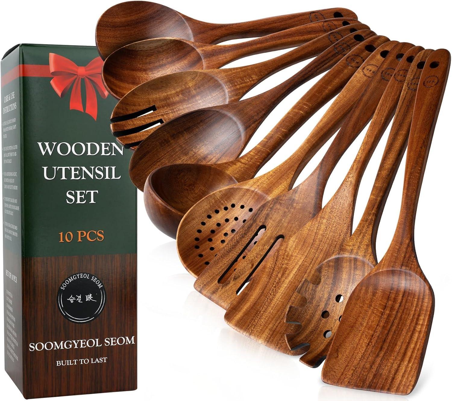 Wooden Spoons for Cooking, 10 Pcs Teak Wood Cooking Utensil Set ‚ Wooden Kitchen Utensils for Nonstick Pans & Cookware ‚ Sturdy, Lightweight & Heat Resistant