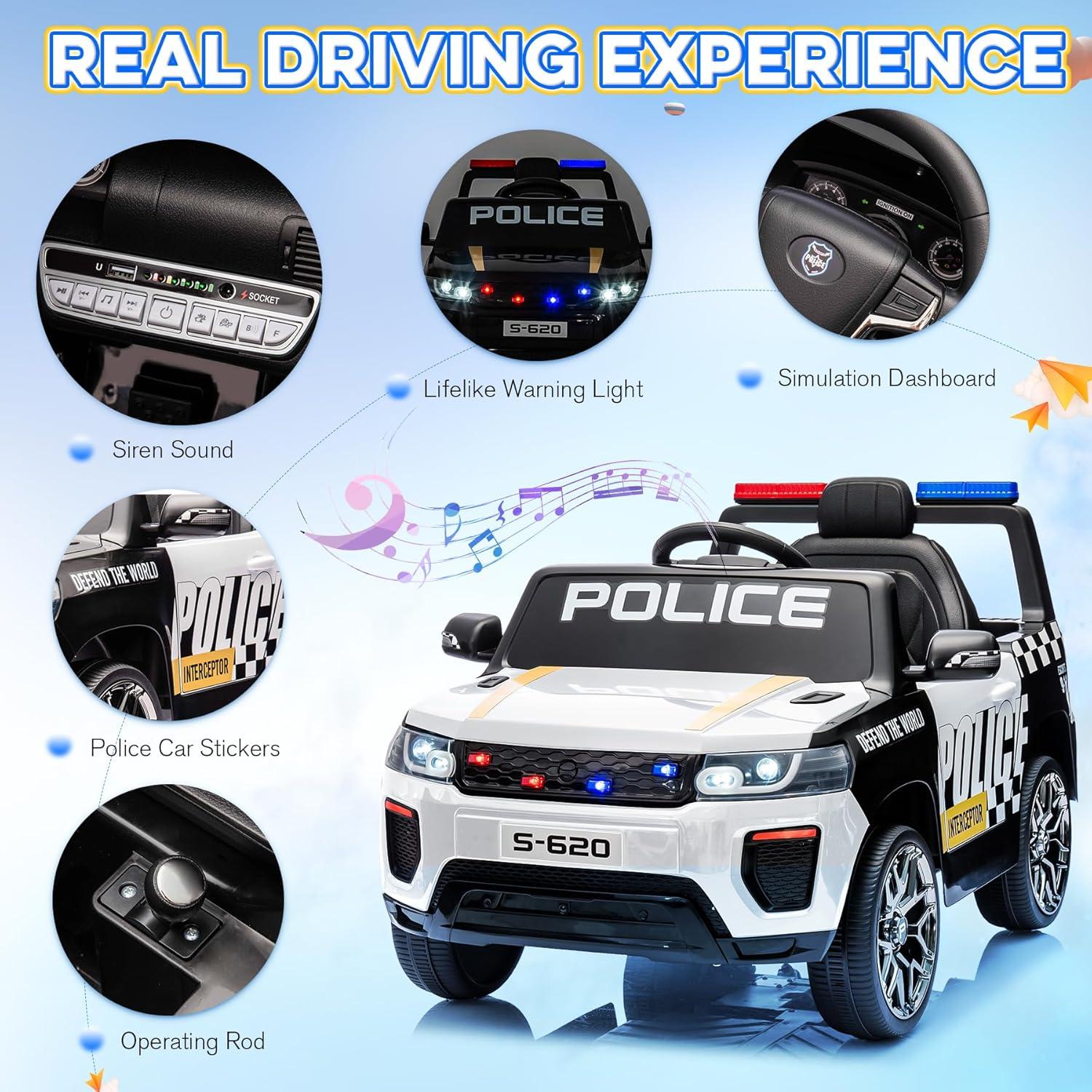 HOMMOW Kids Ride on Police Car, 12V 4AH Battery Powered Kids Ride on Toy with Remote Control, Flashing Lights and Music, White
