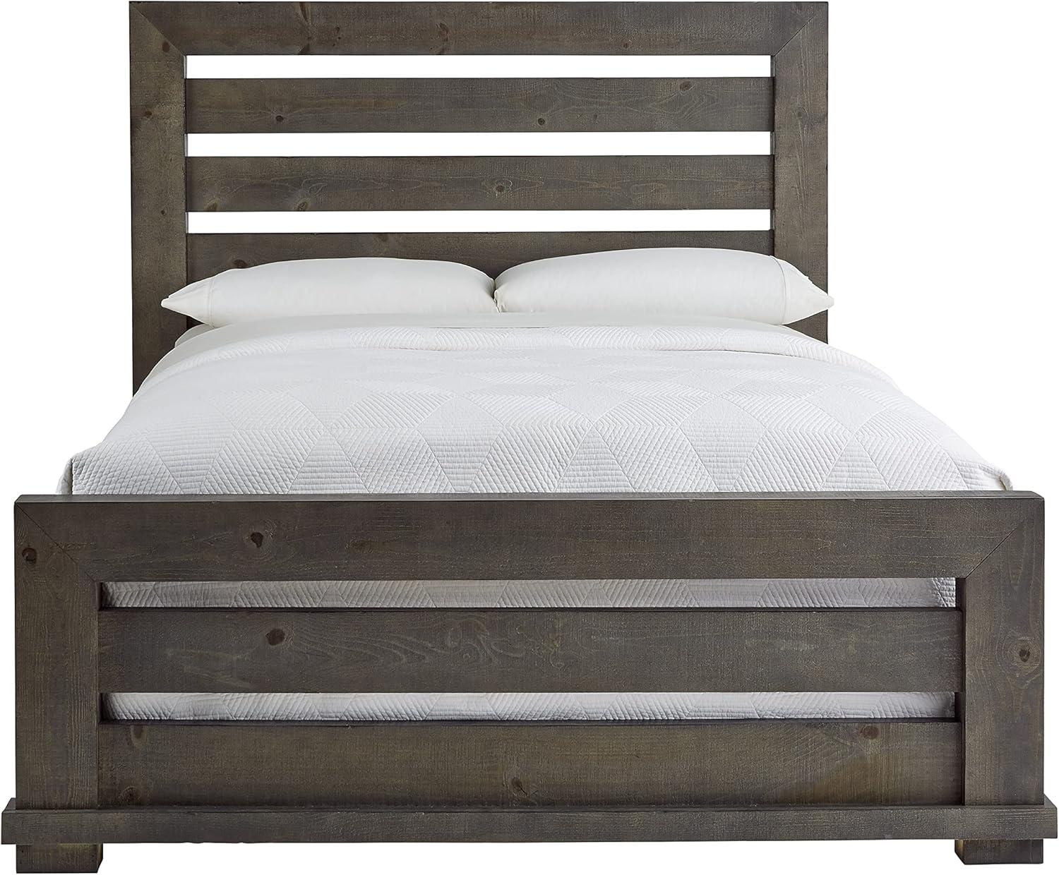 Transitional Gray Pine Queen Panel Bed with Upholstered Headboard