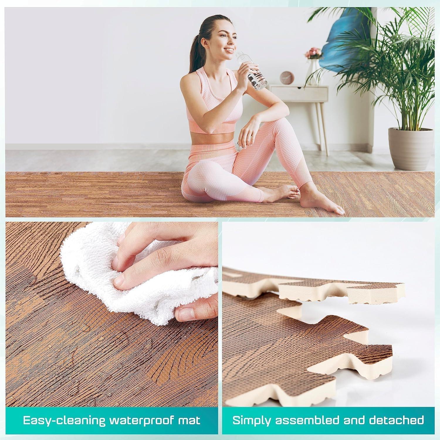 Yes4All 12 pcs Interlocking Exercise Foam Mats, Cover 48 sqft, 3/8 inch, Oak Wood Dark Color