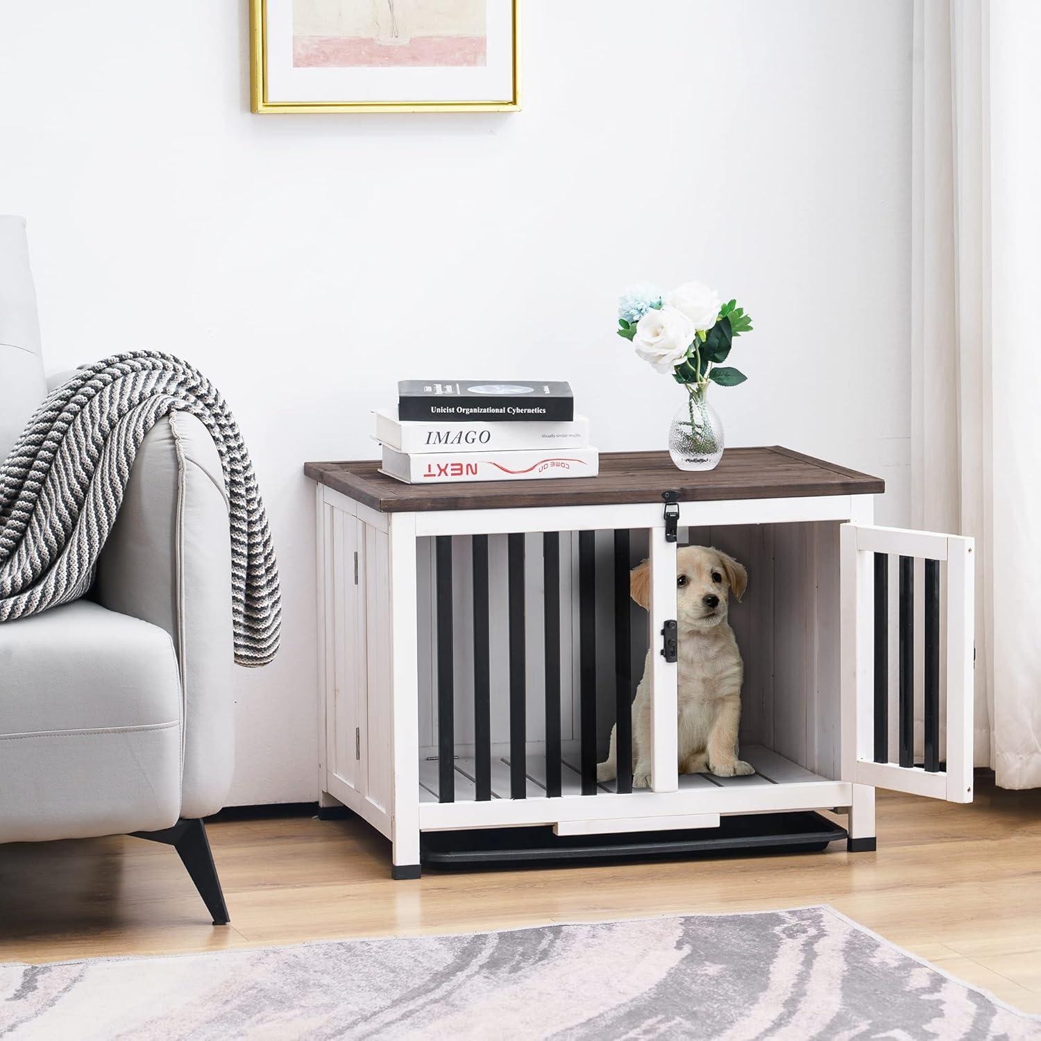 Small White and Brown Wooden Dog Crate End Table