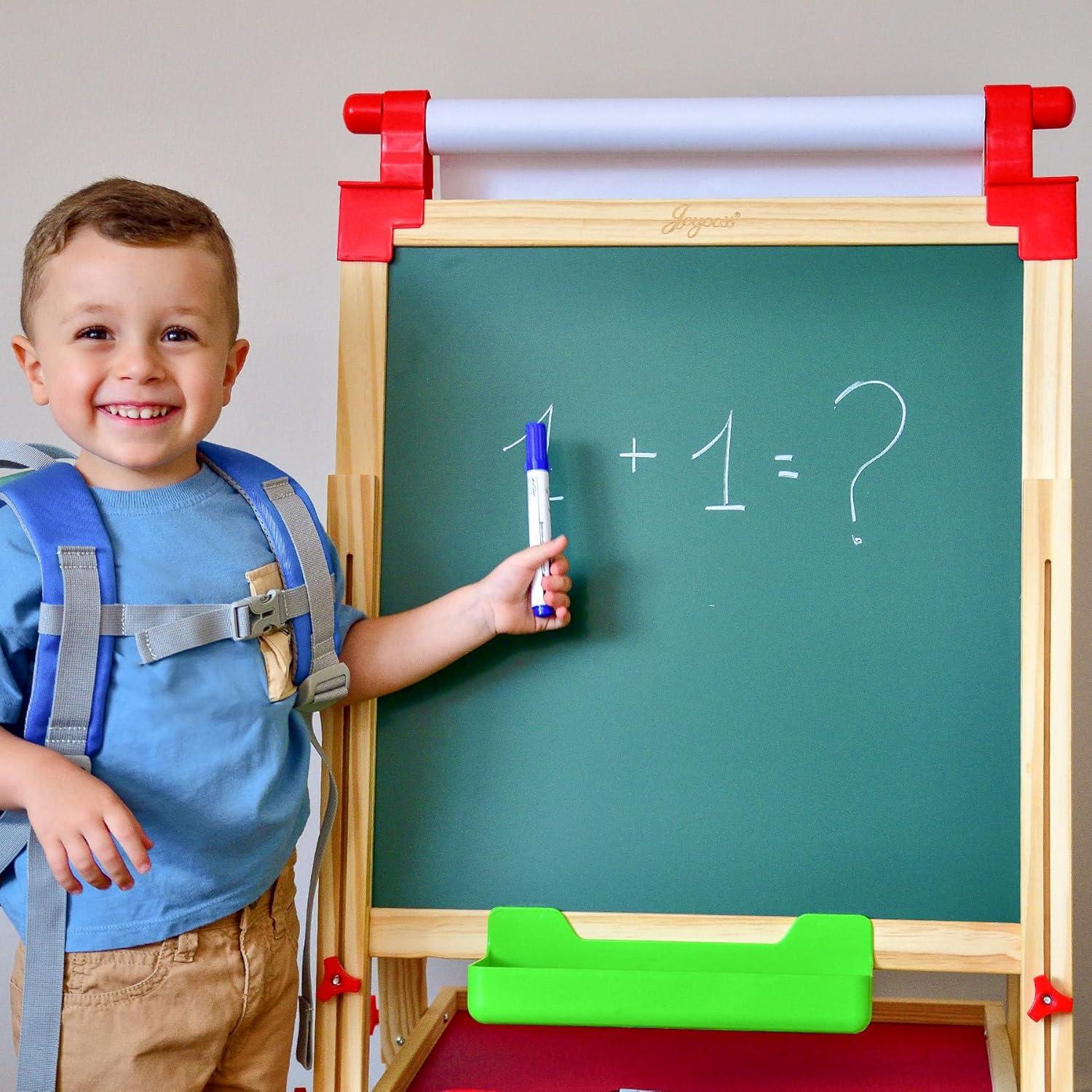 Joyooss Kids Wooden Art Easel with Paper Roll,Double Sided Whiteboard & Chalkboard Children Easel,Adjustable Height