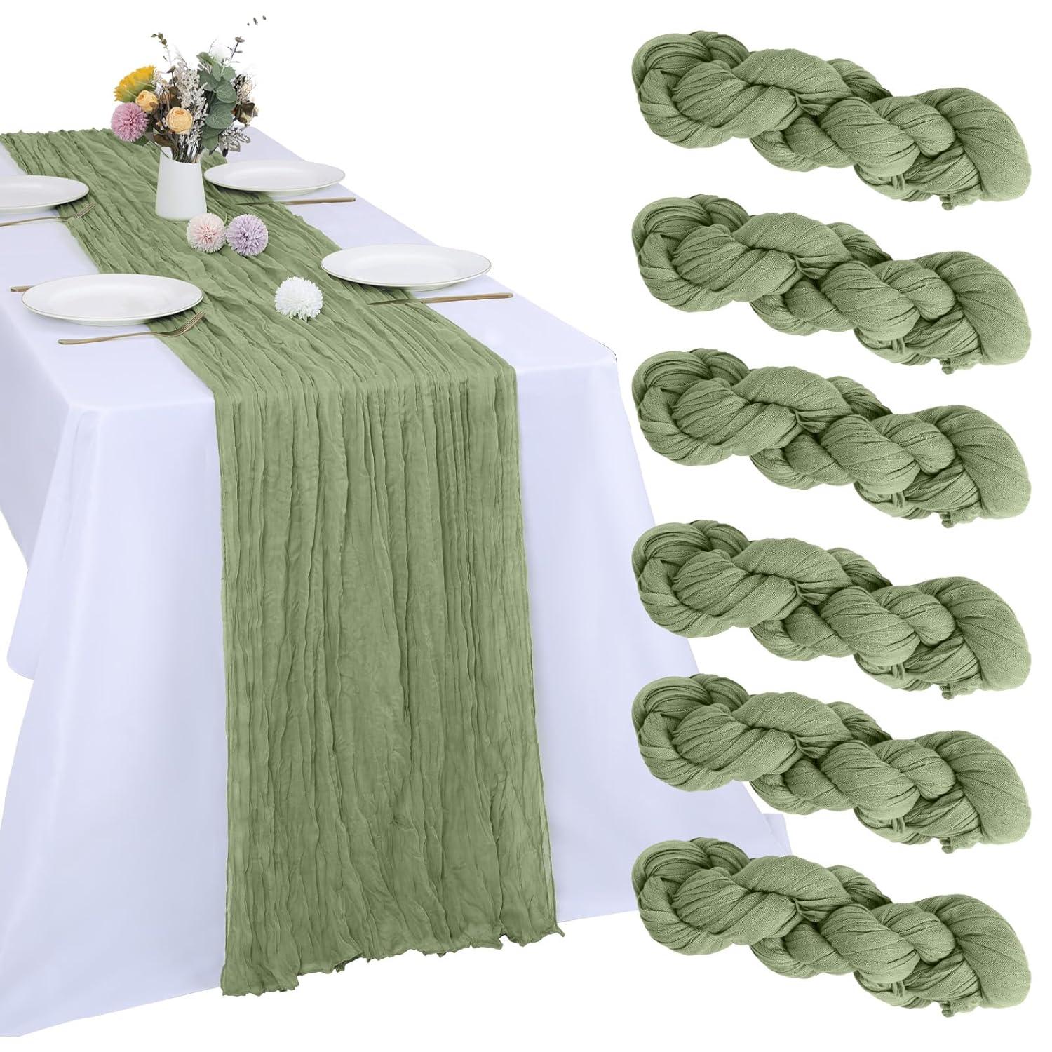 Mint Green Cheesecloth Table Runner 6 Pack 35" Boho Gauze Runner 120 inches Long Tablecloth Runner Rustic Sheer Fabric Bulk for Baby Shower Wedding Bridal Birthday Party Table Decorations