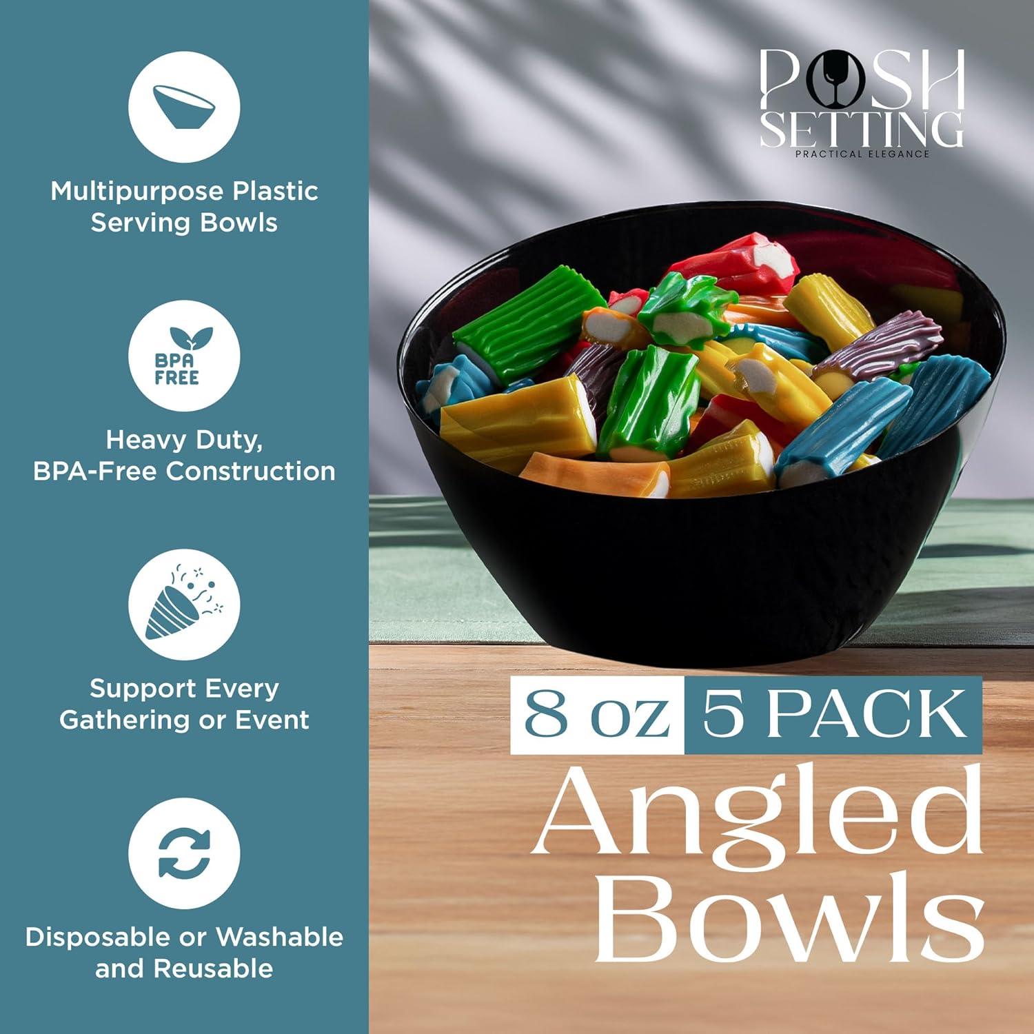 Posh Setting - Black Plastic Serving Bowls for Party, Angled Bowls, Disposable Chip Bowls, Candy Bowls for Party Table, Salad and Fruit Bowls for Party, Wedding Serving Bowls-Black, 8 OZ, 5 Pack