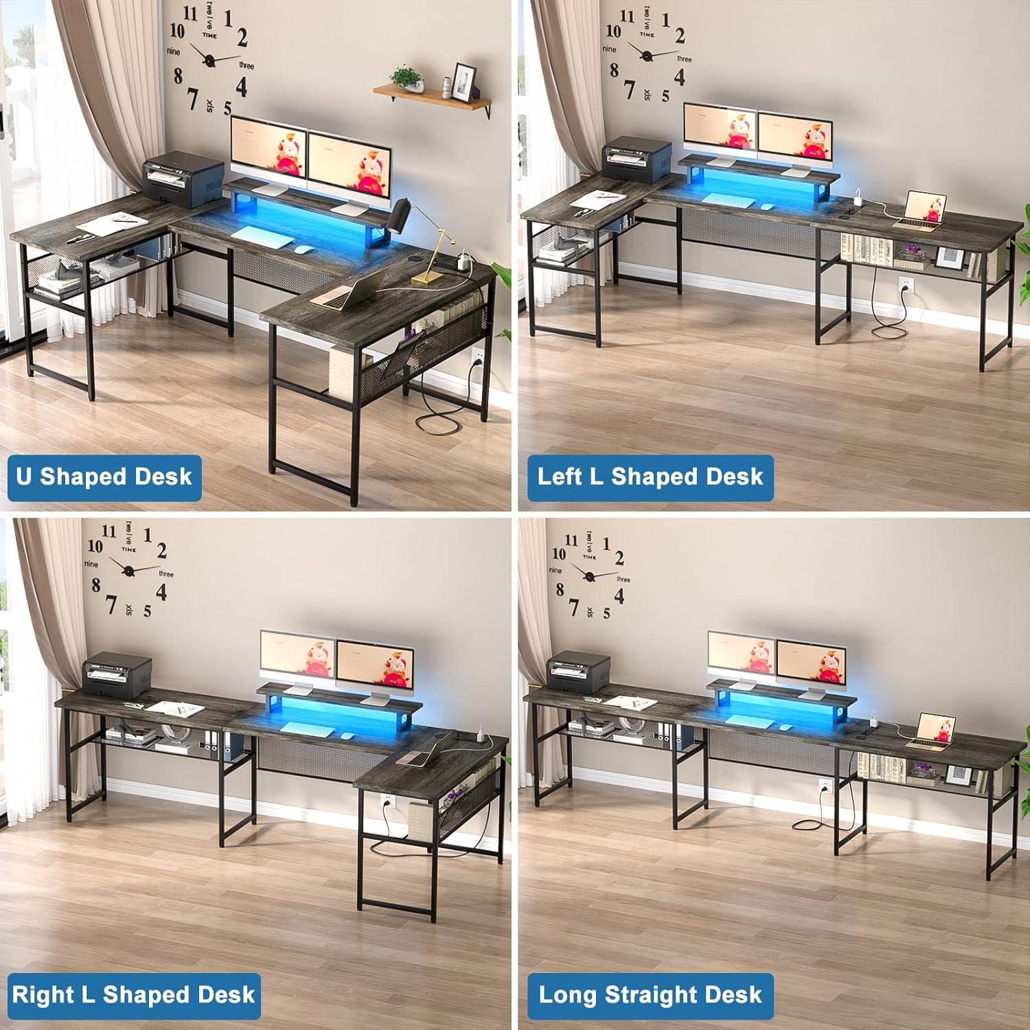 Unikito U Shaped Computer Desk with Power Outlet and LED Strip, Reversible L Shaped Office Desk with Monitor Stand and Bookshelf, Modern U- Shape Corner Desk, 130 Inch 2 Person Gaming Table, White Oak