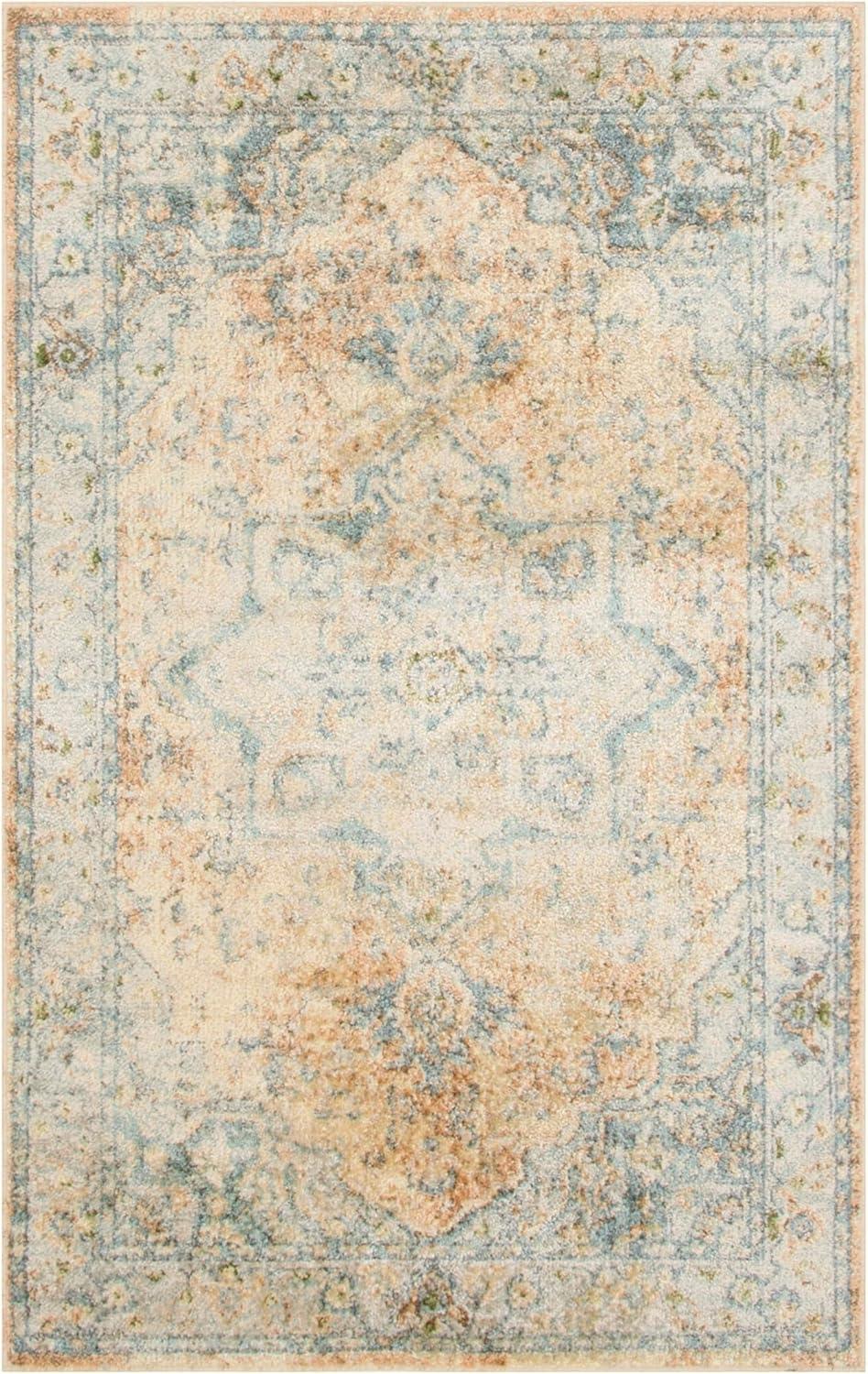 Nourison Astra Machine Washable Vintage Medallion Indoor Rug Beige Blue 2'2" x 4'