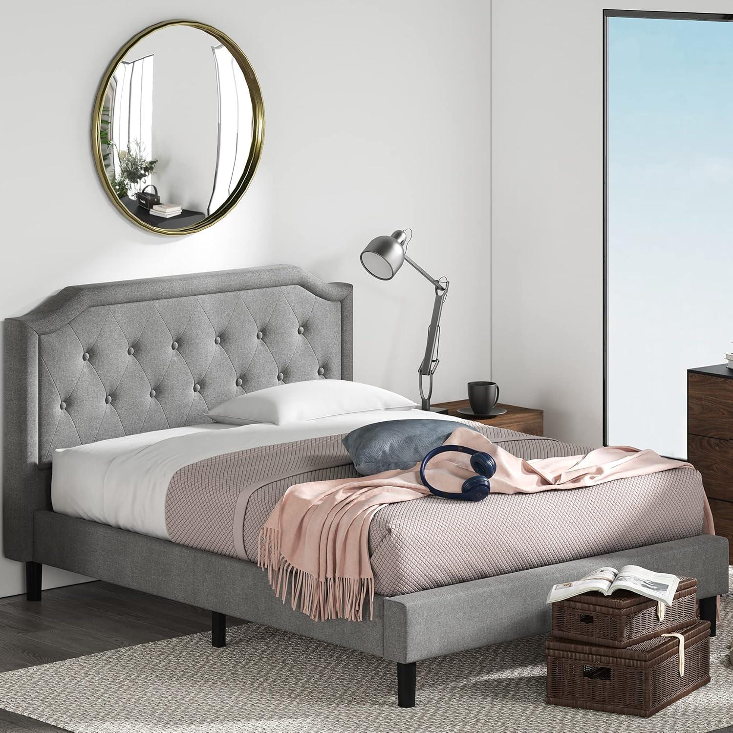 Queen-Sized Scalloped Edge Upholstered Platform Bed with Tufted Headboard