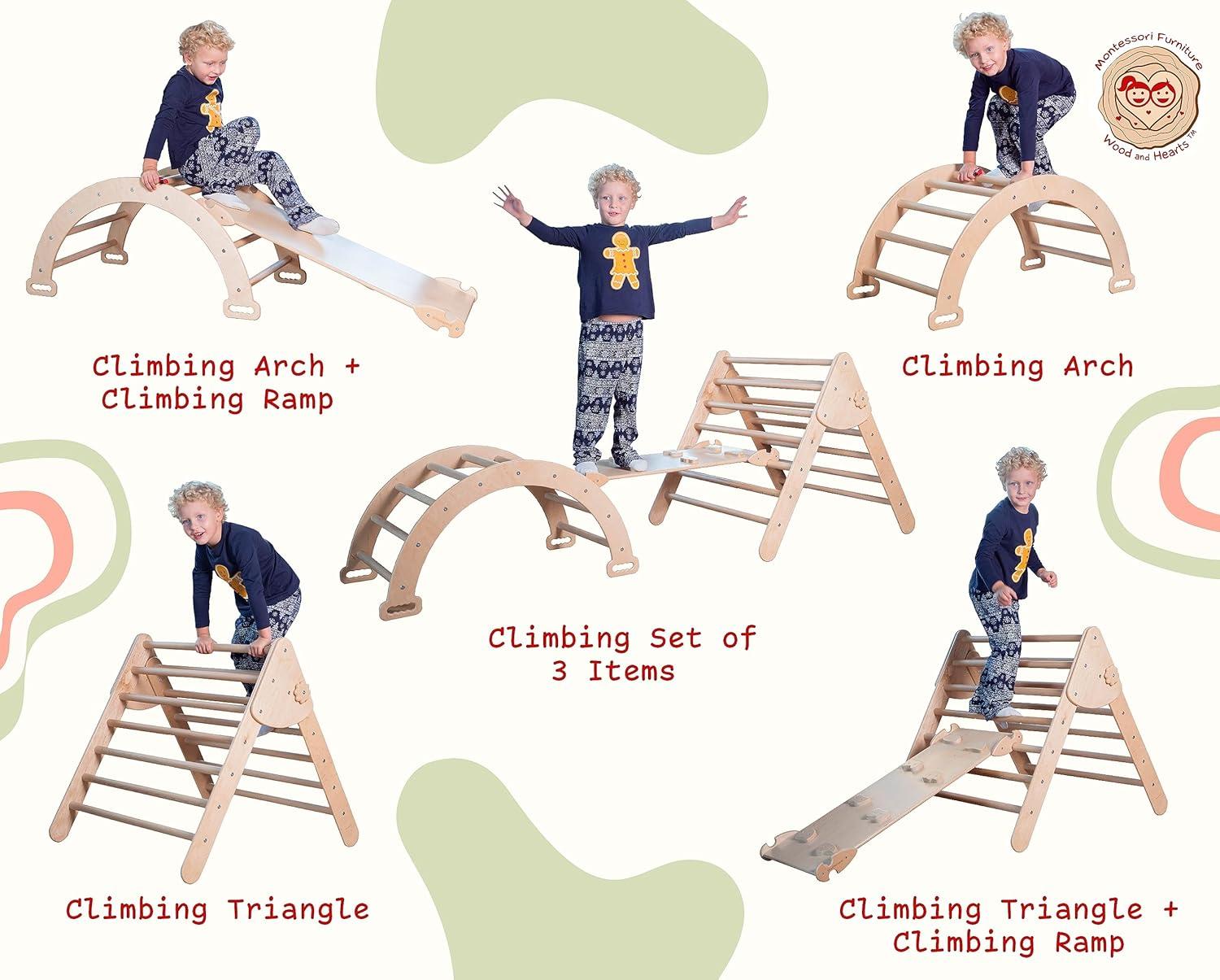 Natural Wood Montessori Climbing Set with Slide and Arch