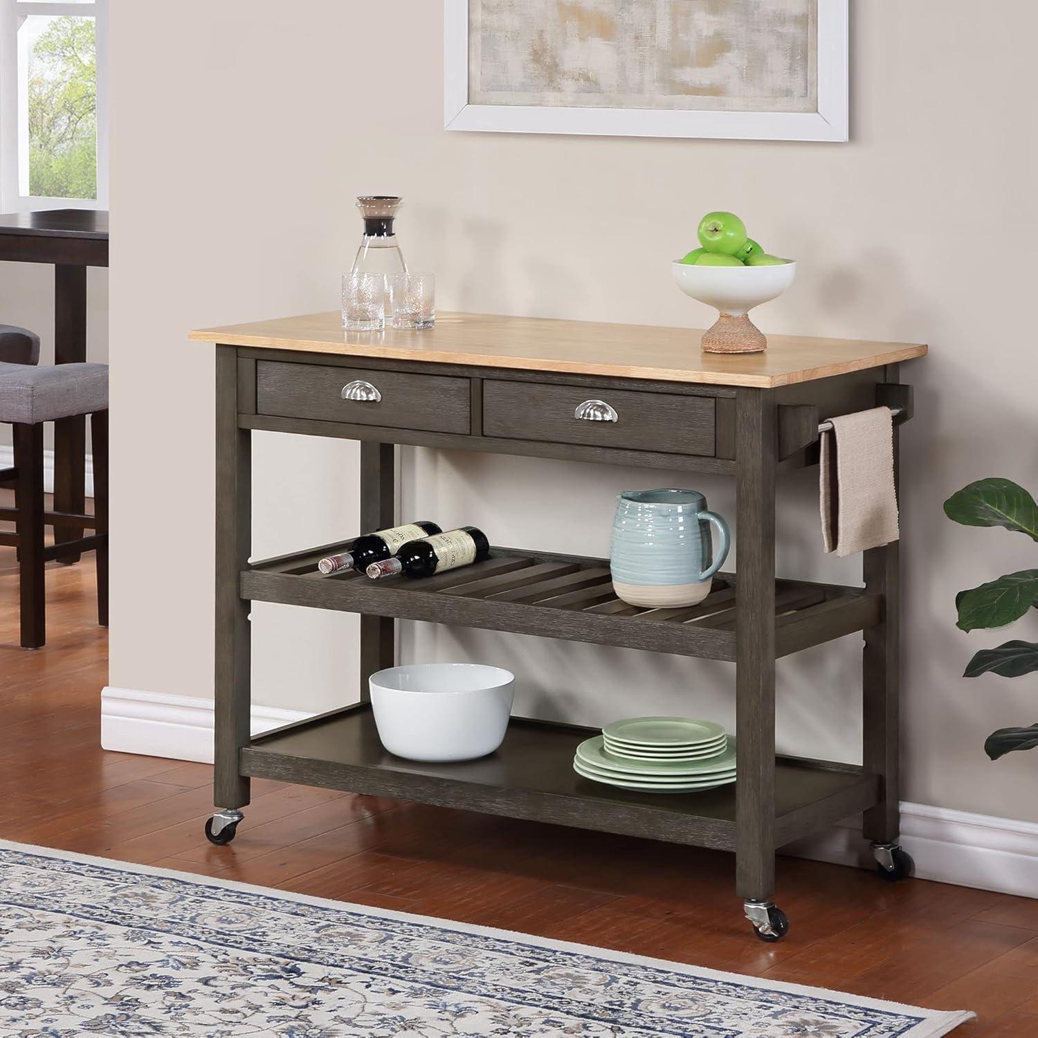 Gray Wood Butcher Block Kitchen Cart with Wine Rack