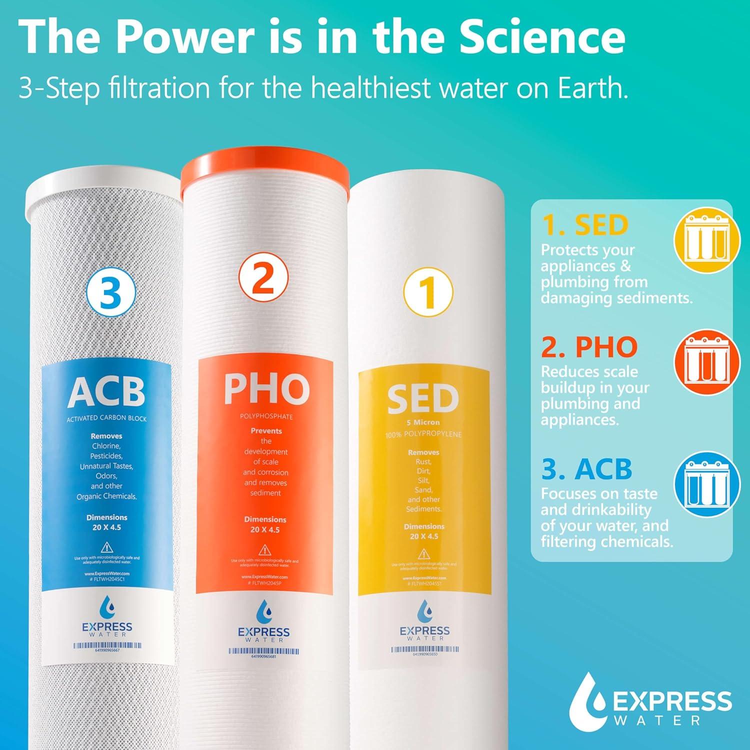 Express Water Whole House Water Filter, 3 Stage Water Filtration, Sediment, Polyphosphate Anti-Scale, Carbon Filters Includes Pressure Gauges, Easy Release, and 1 Inch Connections, 23.5" x 8.5" x 30"