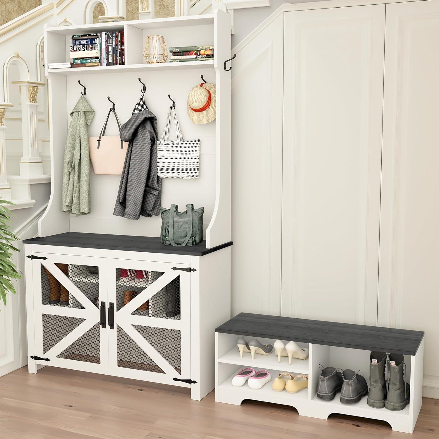Hall Tree with Removable Bench and Shoe Storage, 77" H Entryway Coat Rack Freestanding with 9 Shoe Cubbies and 7 Coat Hooks, Farmhouse Wooden Style Mudroom Bench Storage Cabinet, White