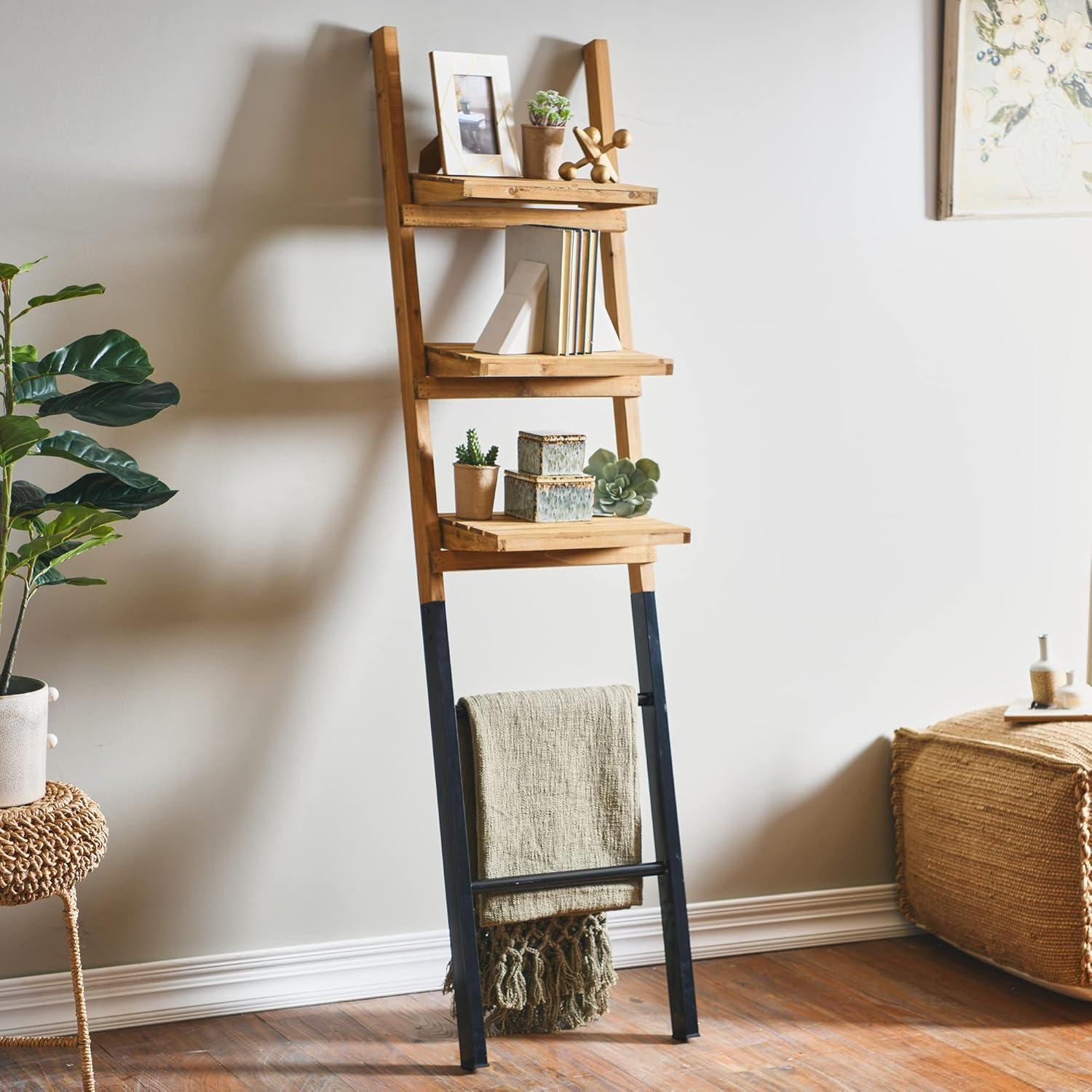 Natural Fir Wood and Metal 72" Ladder Shelf