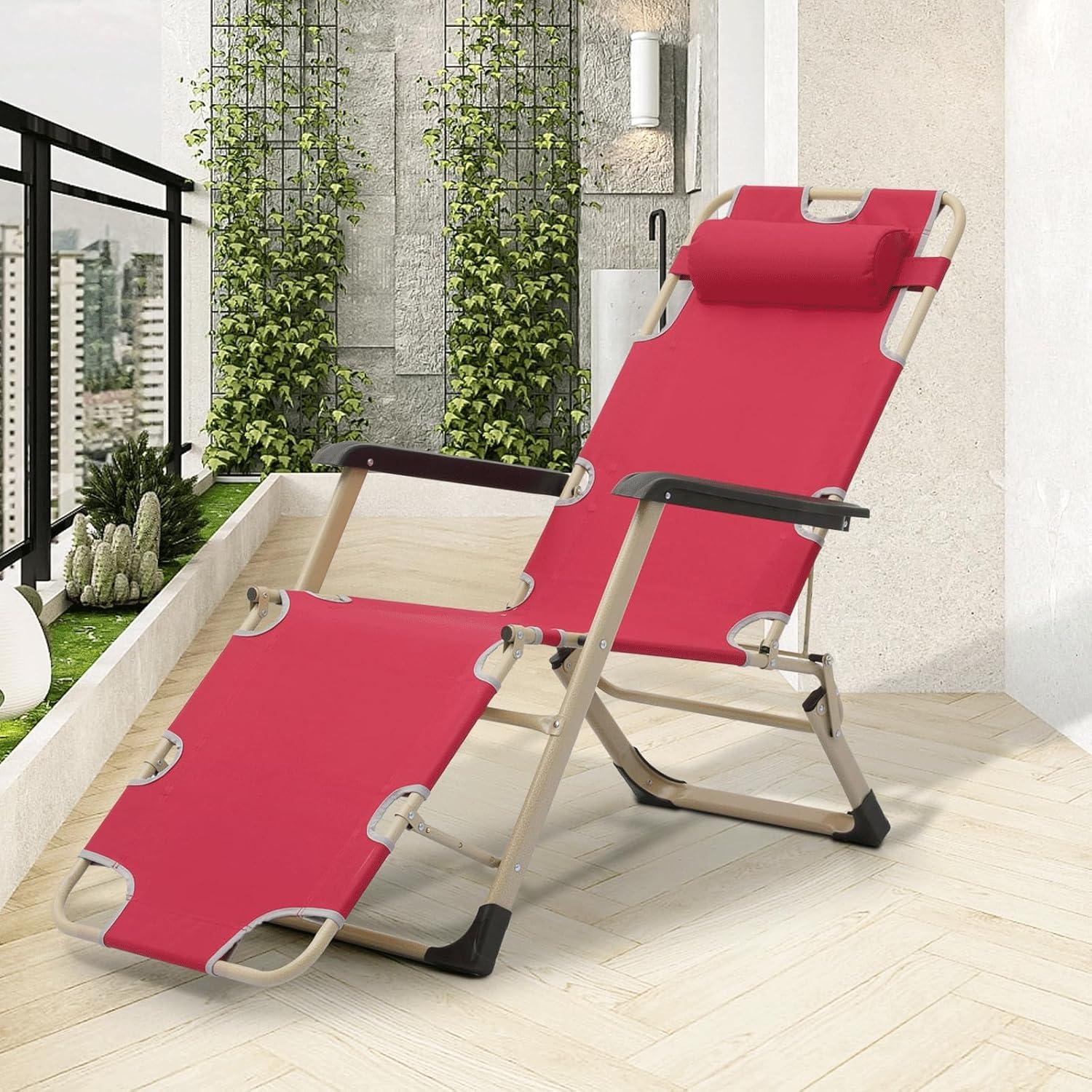 MoNiBloom Lounge Chair with Adjustable Headrest, Outdoor Foldable Recliner, Folding Reclining Lounger for Adults, Support 330lbs, Maroon