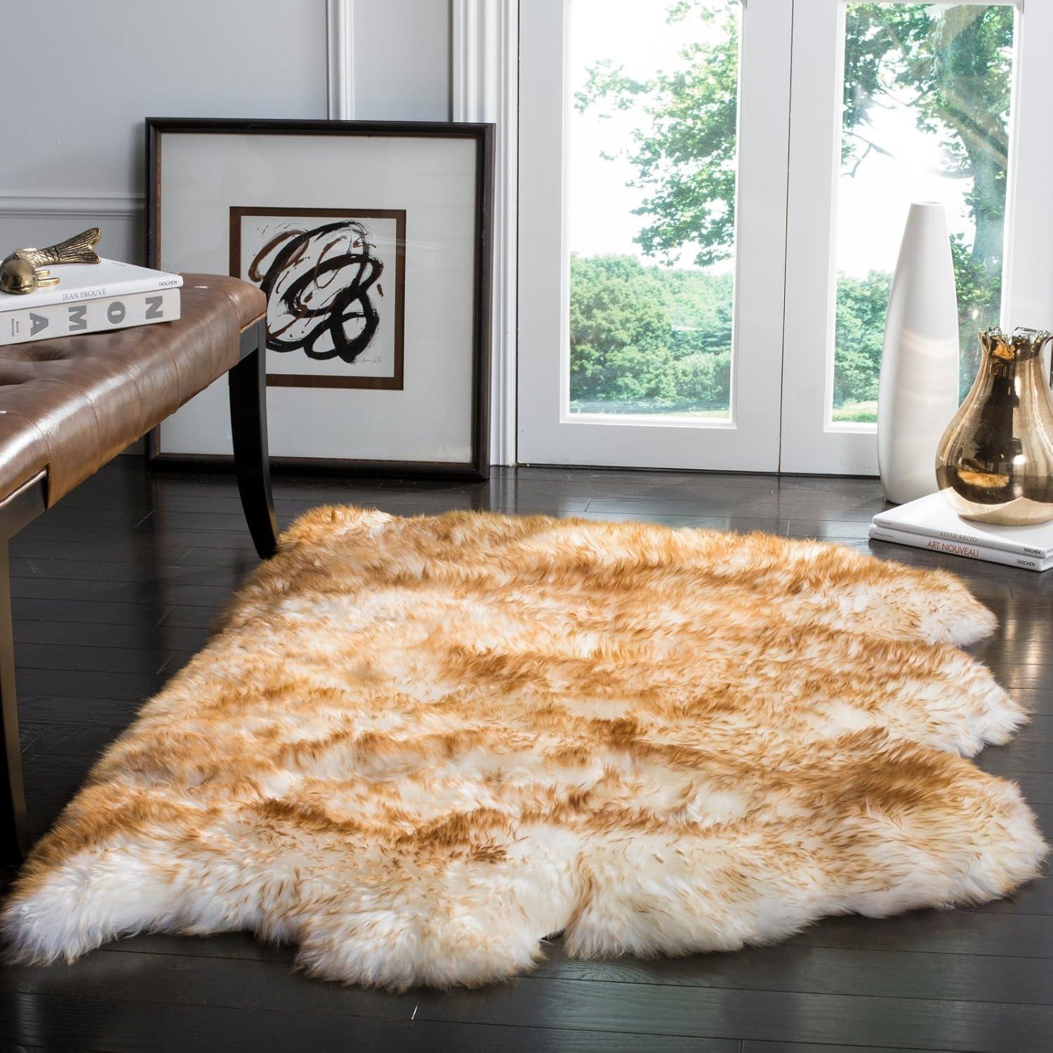 Champagne Copper Brown Handmade Sheepskin Shag Area Rug, 3'7" x 5'11"